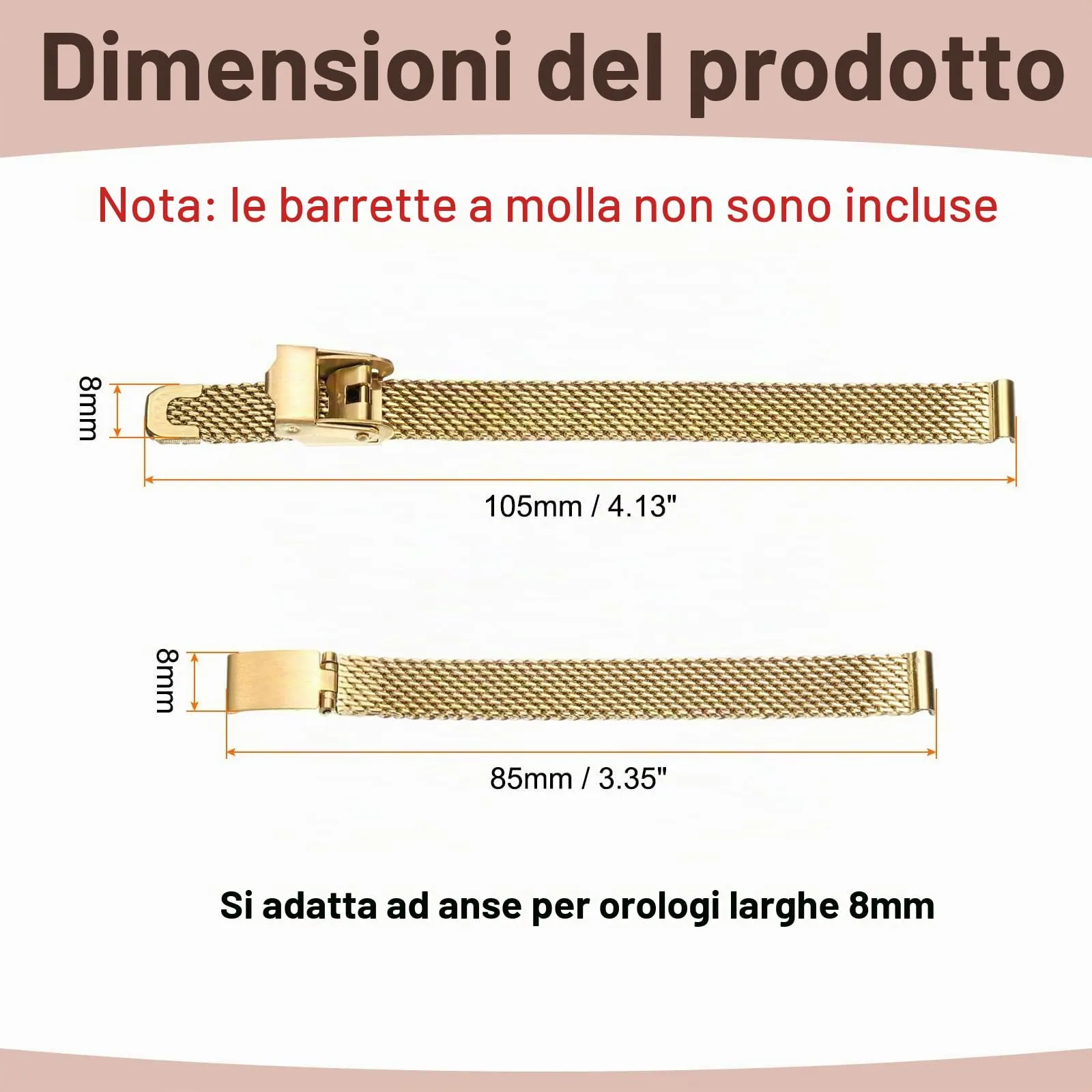 QUARKZMAN Cinturino Orologio in Maglia Acciaio Inossidabile 8mm Cinturini Orologio in Metallo Sgancio Rapido Regolabile Sostitutivo Smartwatch Uomo Donna, Oro - immagine 2