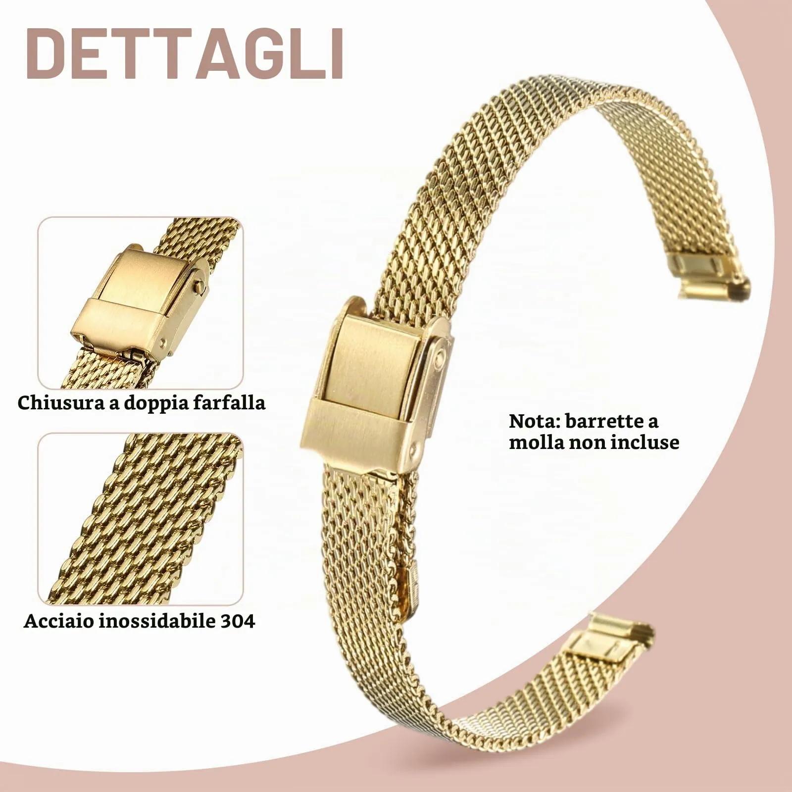 QUARKZMAN Cinturino Orologio in Maglia Acciaio Inossidabile 8mm Cinturini Orologio in Metallo Sgancio Rapido Regolabile Sostitutivo Smartwatch Uomo Donna, Oro - immagine 3