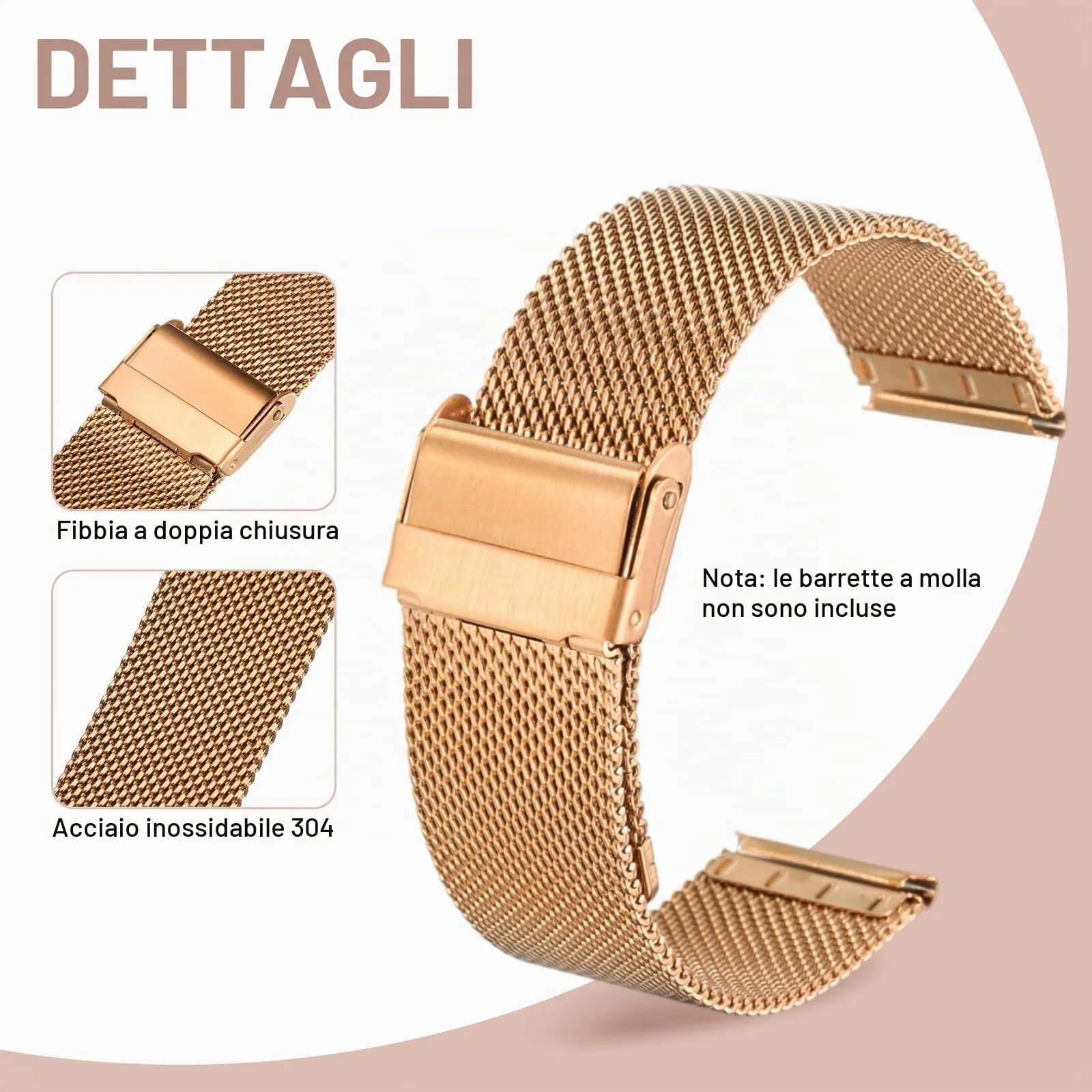 QUARKZMAN Cinturino Orologio in Maglia Acciaio Inossidabile 20mm Cinturini Orologio in Metallo Sgancio Rapido Regolabile Sostitutivo Smartwatch Per Donna, Oro Rosa - immagine 3