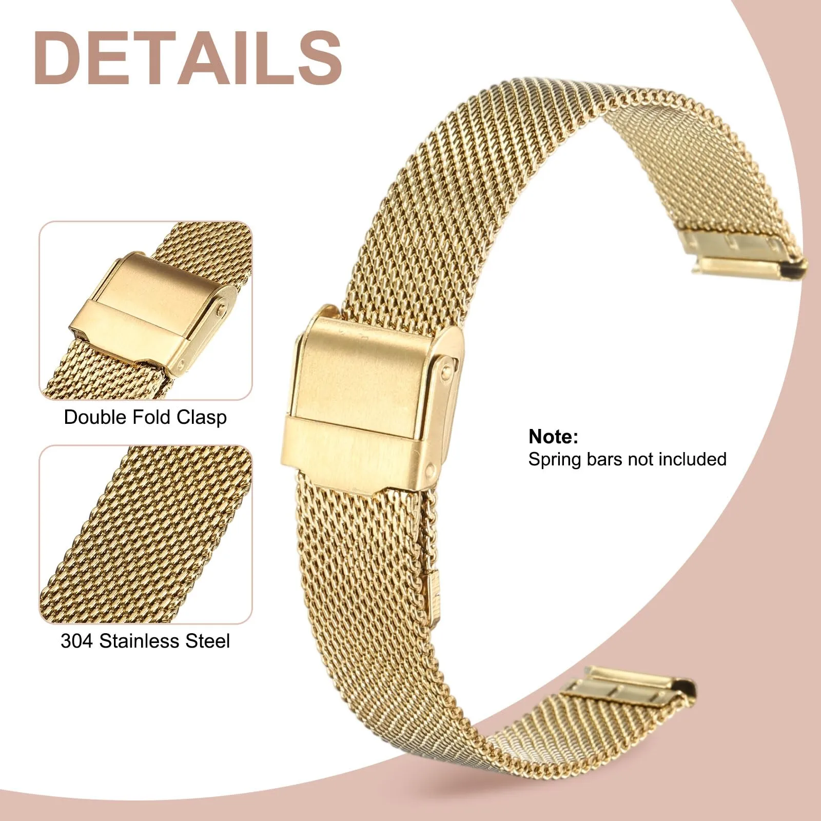 QUARKZMAN Cinturino Orologio in Maglia Acciaio Inossidabile 14mm Cinturini Orologio in Metallo Sgancio Rapido Regolabile Sostitutivo Smartwatch Uomo Donna, Oro - immagine 3
