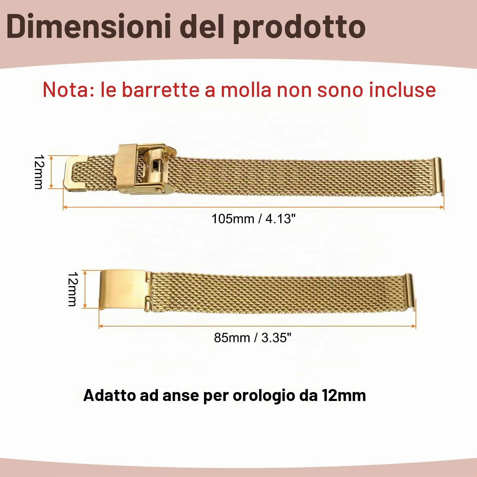 QUARKZMAN Cinturino Orologio in Maglia Acciaio Inossidabile 12mm Cinturini Orologio in Metallo Sgancio Rapido Regolabile Sostitutivo Smartwatch Uomo Donna, Oro - immagine 2