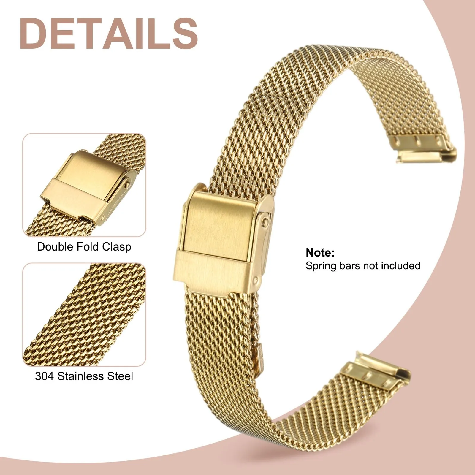 QUARKZMAN Cinturino Orologio in Maglia Acciaio Inossidabile 13mm Cinturini Orologio in Metallo Sgancio Rapido Regolabile Sostitutivo Smartwatch Uomo Donna, Oro - immagine 3