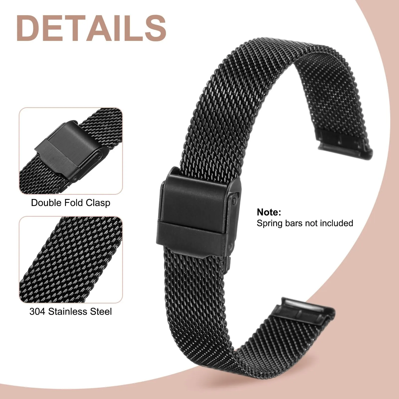 QUARKZMAN Cinturino Orologio in Maglia Acciaio Inossidabile 15mm Cinturini Orologio in Metallo Sgancio Rapido Regolabile Sostitutivo Smartwatch Uomo Donna, Nero - immagine 3