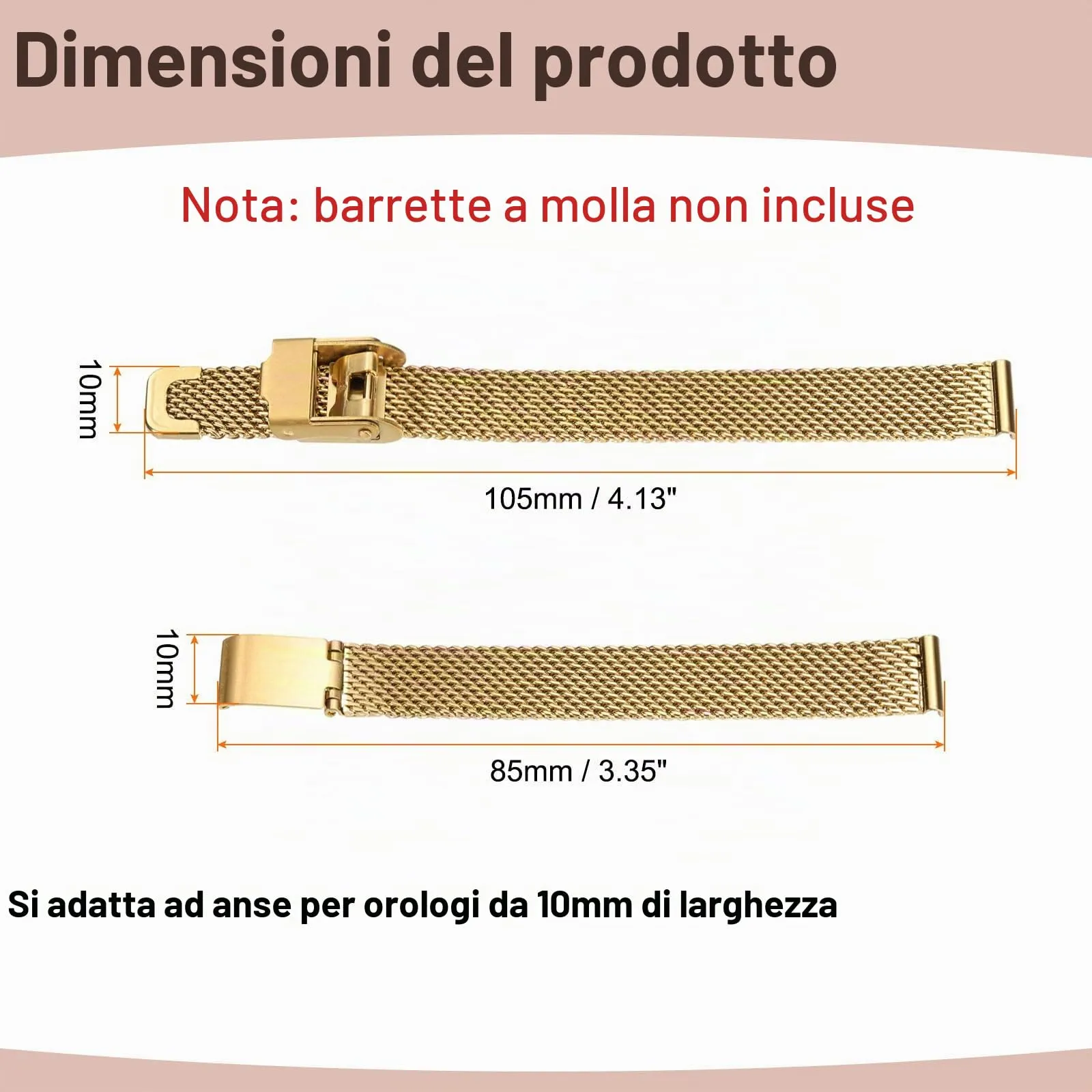 QUARKZMAN Cinturino Orologio in Maglia Acciaio Inossidabile 10mm Cinturini Orologio in Metallo Sgancio Rapido Regolabile Sostitutivo Smartwatch Uomo Donna, Oro - immagine 2