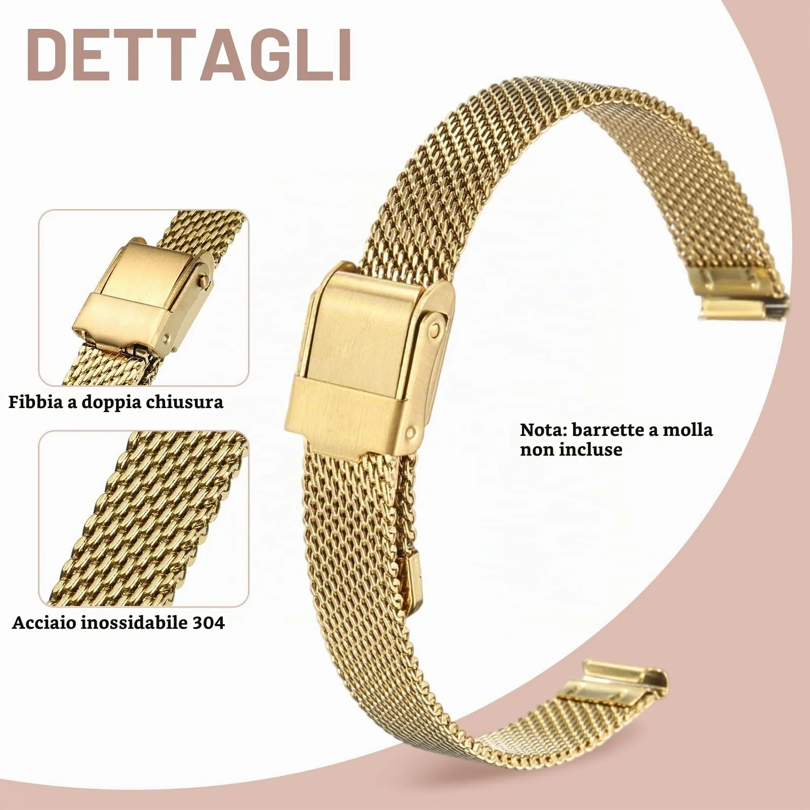 QUARKZMAN Cinturino Orologio in Maglia Acciaio Inossidabile 10mm Cinturini Orologio in Metallo Sgancio Rapido Regolabile Sostitutivo Smartwatch Uomo Donna, Oro - immagine 3