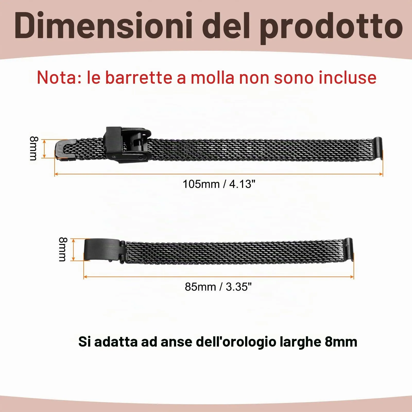 QUARKZMAN Cinturino Orologio in Maglia Acciaio Inossidabile 8mm Cinturini Orologio in Metallo Sgancio Rapido Regolabile Sostitutivo Smartwatch Uomo Donna, Nero - immagine 2