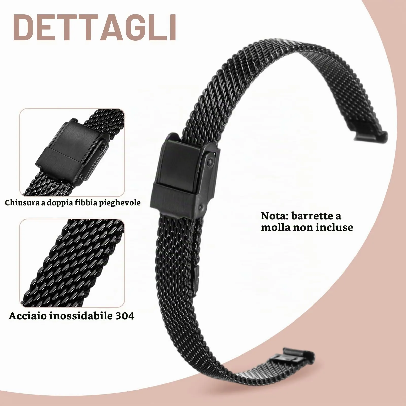QUARKZMAN Cinturino Orologio in Maglia Acciaio Inossidabile 8mm Cinturini Orologio in Metallo Sgancio Rapido Regolabile Sostitutivo Smartwatch Uomo Donna, Nero - immagine 3