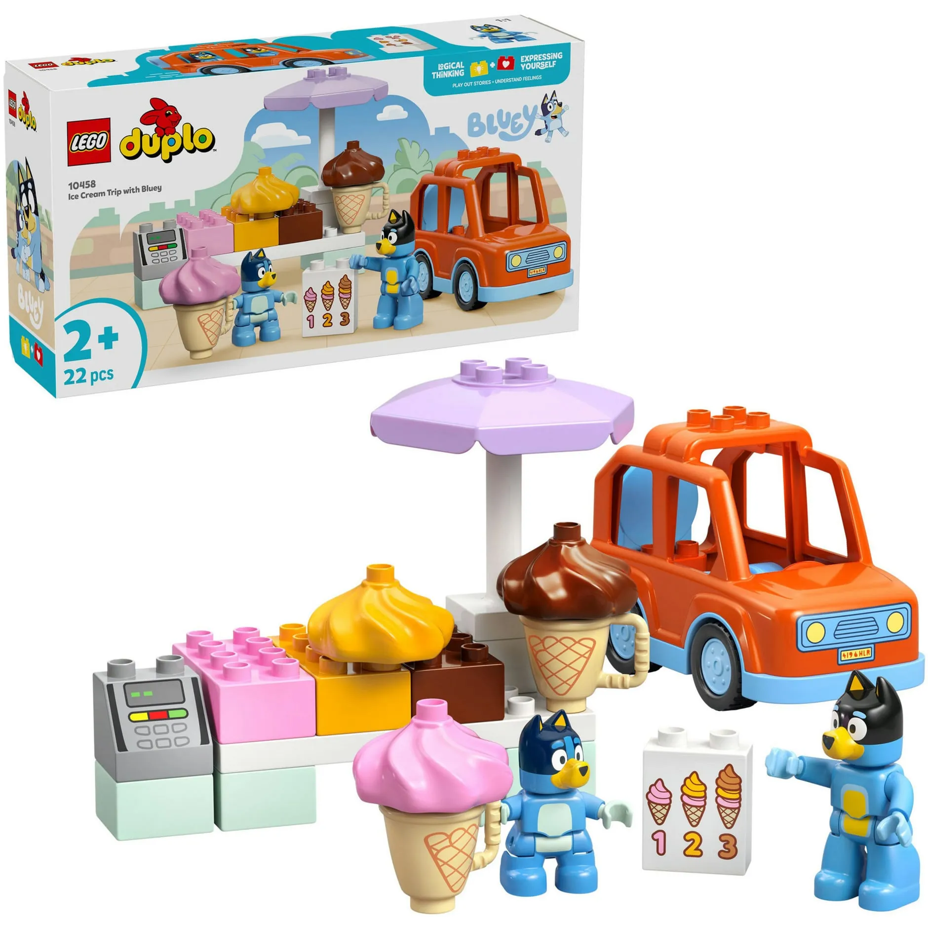 DUPLO Bluey 10458 Visita alla Gelateria di Bluey, Gioco Educativo per Bambini 2+ con Macchina Giocattolo, Stand, 2 Figure, Giochi di costruzione - immagine 1