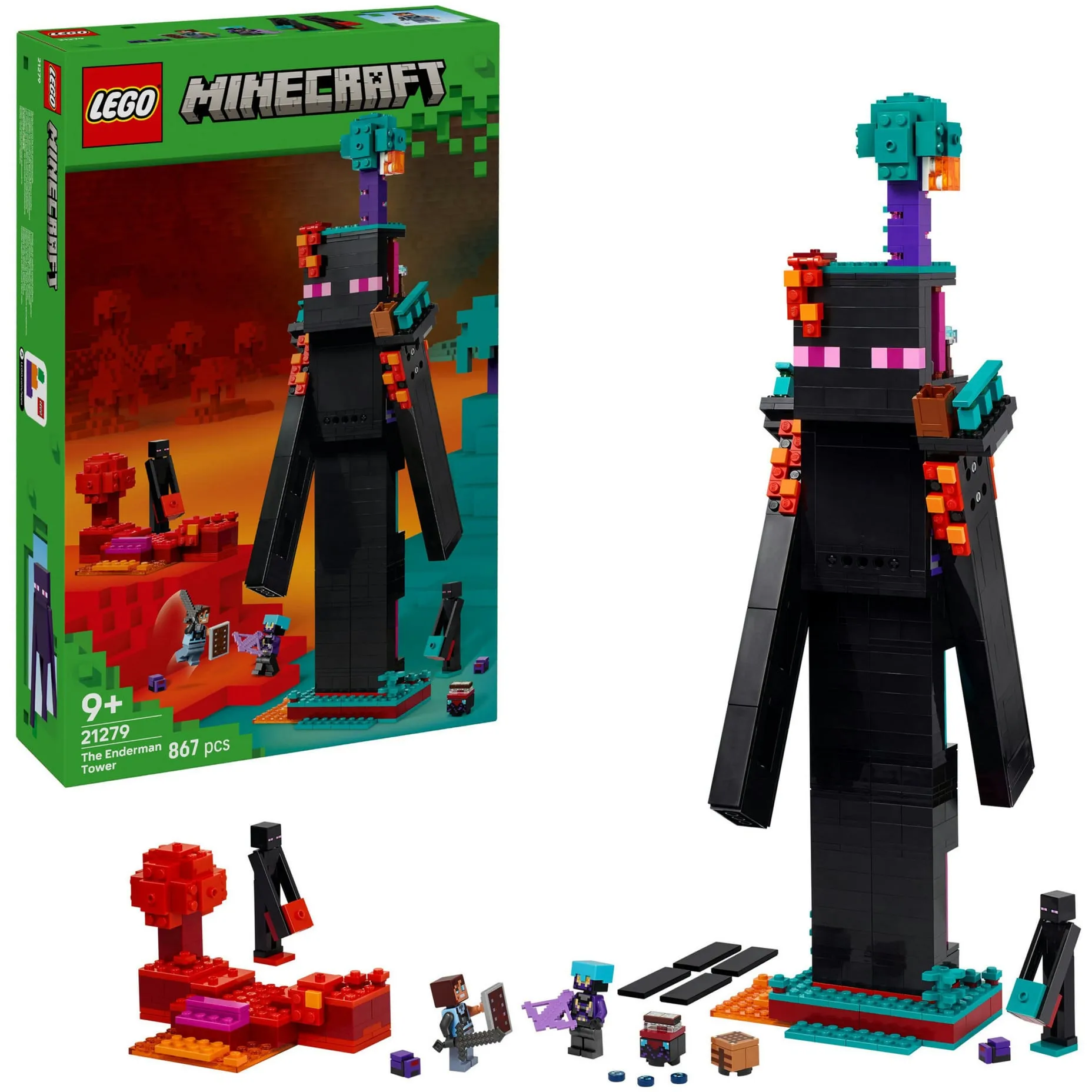 Minecraft 21279 2in1 La Torre dell''Enderman, Gioco Modulare Trasformabile in 2 Fortezze con 6 Personaggi per Bambini 9+, Giochi di costruzione - immagine 1