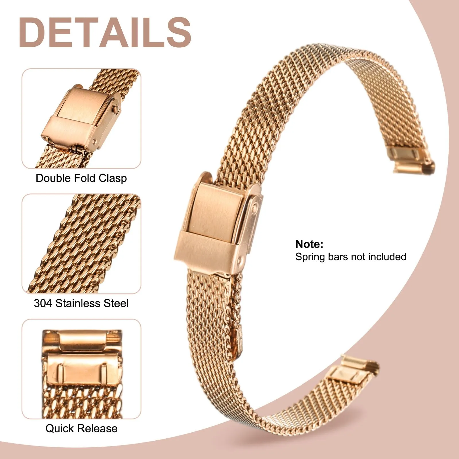 QUARKZMAN Cinturino Orologio in Maglia Acciaio Inossidabile 8mm Cinturini Orologio in Metallo Sgancio Rapido Regolabile Sostitutivo Smartwatch Per Donna, Oro Rosa - immagine 3