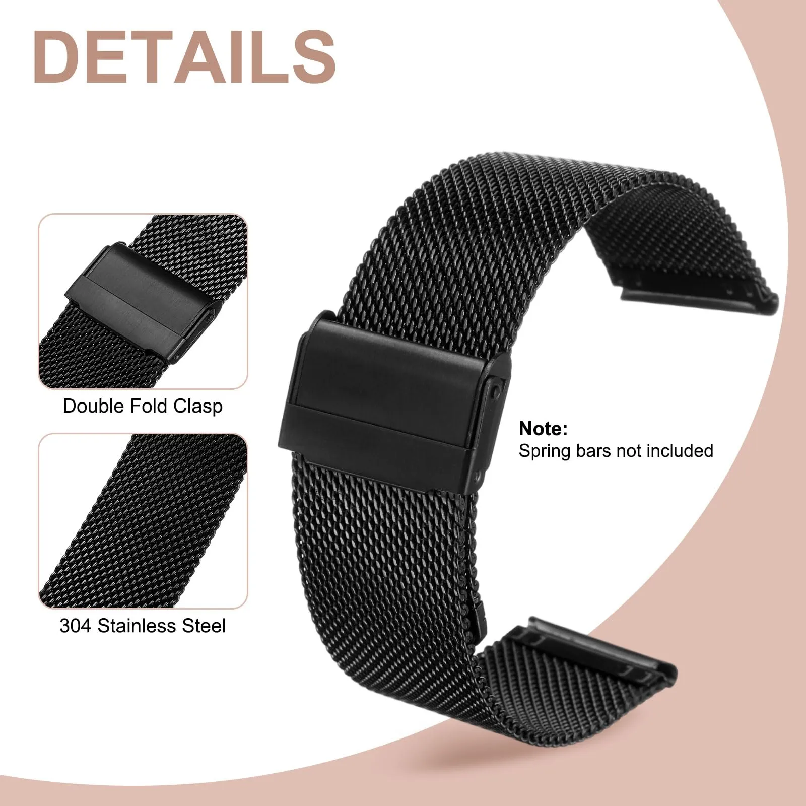 QUARKZMAN Cinturino Orologio in Maglia Acciaio Inossidabile 24mm Cinturini Orologio in Metallo Sgancio Rapido Regolabile Sostitutivo Smartwatch Per Donna, Nero - immagine 3