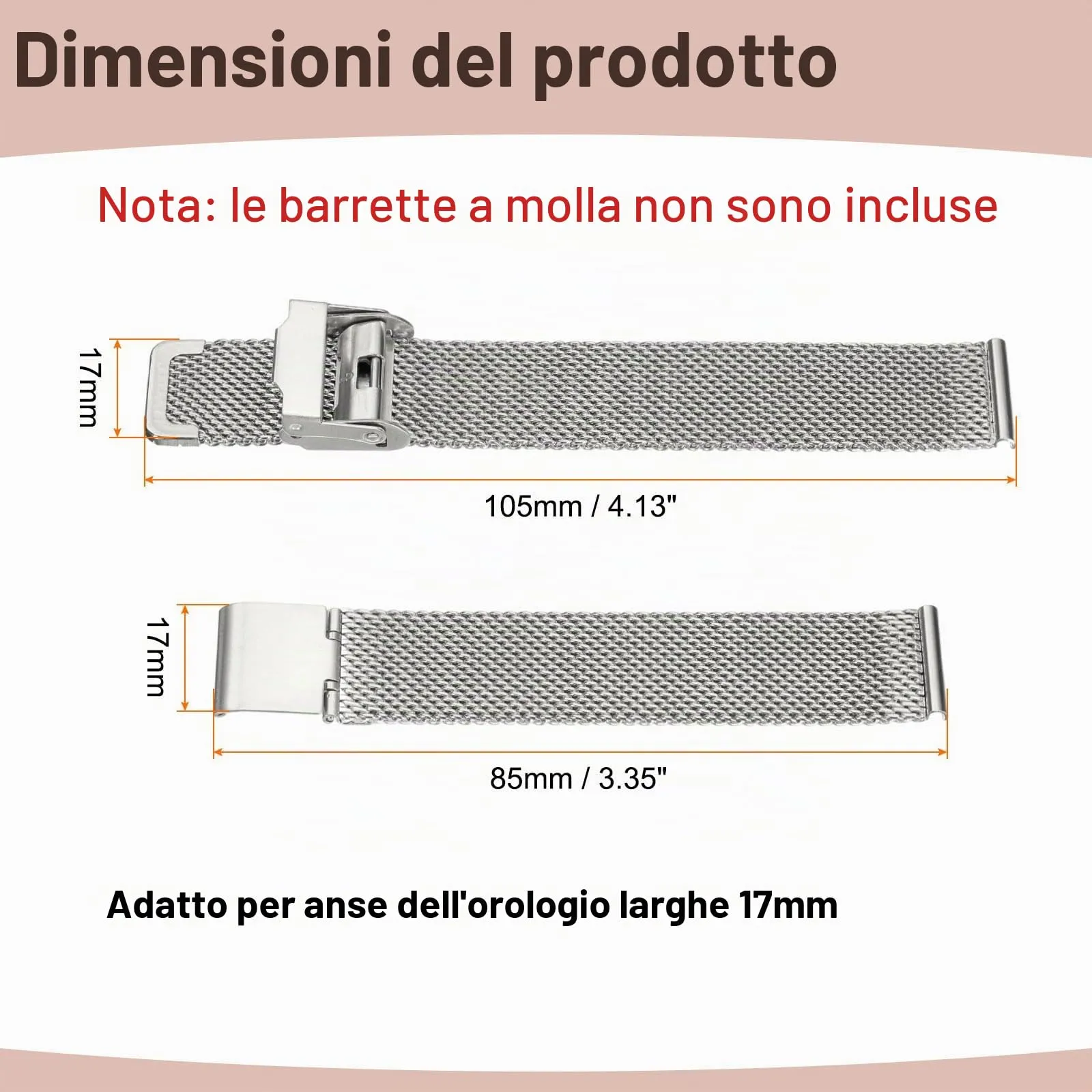 QUARKZMAN Cinturino Orologio in Maglia Acciaio Inossidabile 17mm Cinturini Orologio in Metallo Sgancio Rapido Regolabile Sostitutivo Smartwatch Uomo Donna, Argento - immagine 2