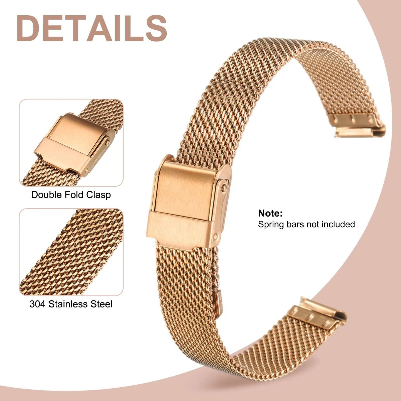 QUARKZMAN Cinturino Orologio in Maglia Acciaio Inossidabile 13mm Cinturini Orologio in Metallo Sgancio Rapido Regolabile Sostitutivo Smartwatch Per Donna, Oro Rosa - immagine 3