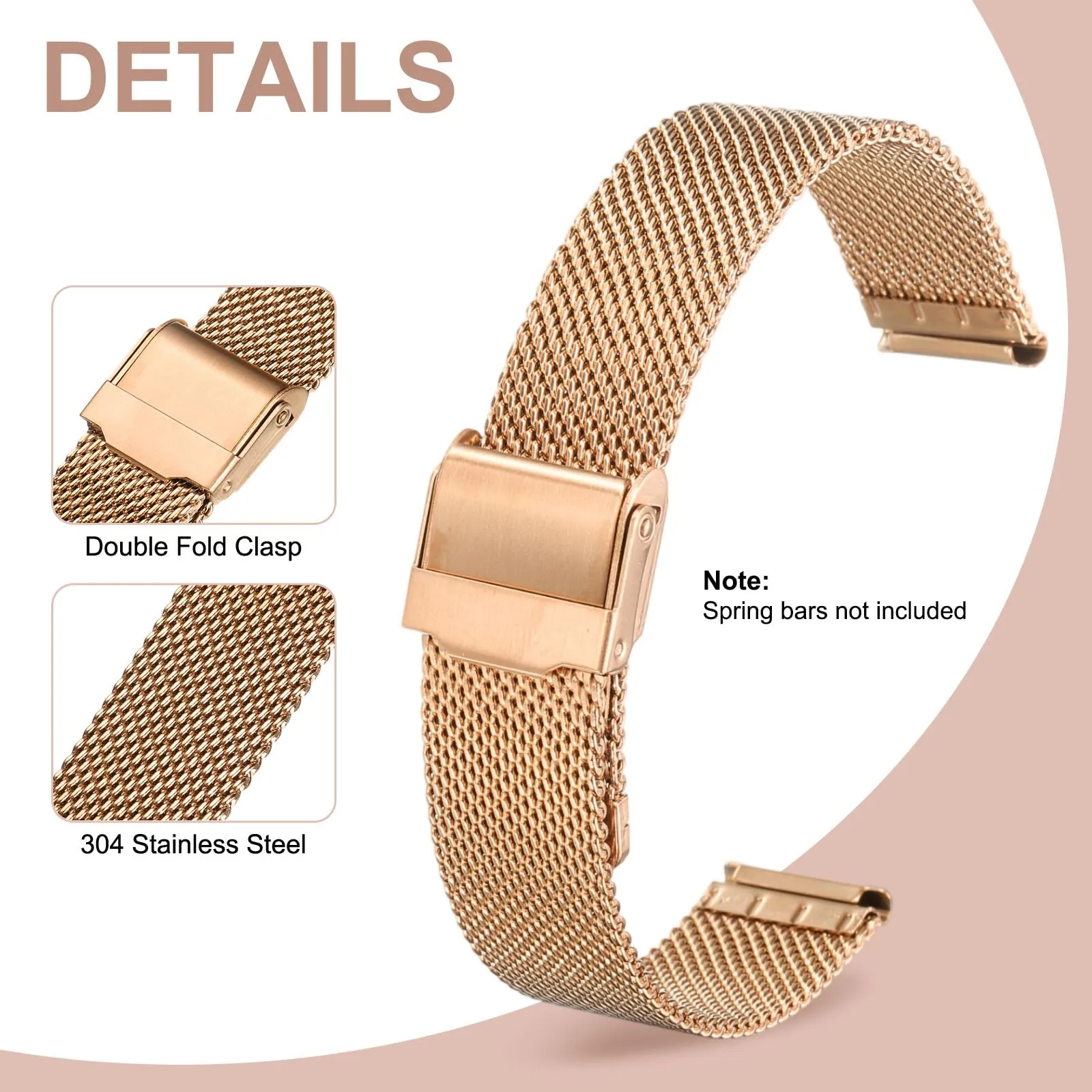 QUARKZMAN Cinturino Orologio in Maglia Acciaio Inossidabile 17mm Cinturini Orologio in Metallo Sgancio Rapido Regolabile Sostitutivo Smartwatch Per Donna, Oro Rosa - immagine 3