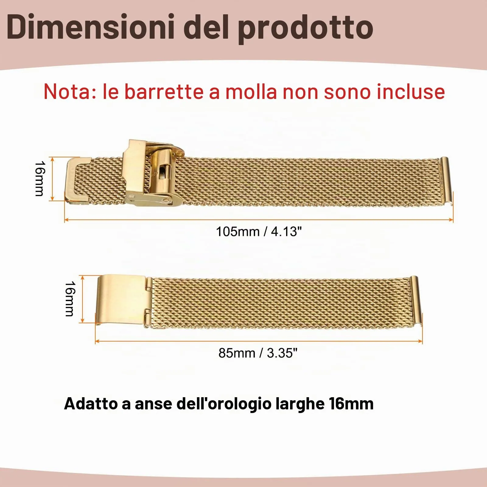 QUARKZMAN Cinturino Orologio in Maglia Acciaio Inossidabile 16mm Cinturini Orologio in Metallo Sgancio Rapido Regolabile Sostitutivo Smartwatch Uomo Donna, Oro - immagine 2