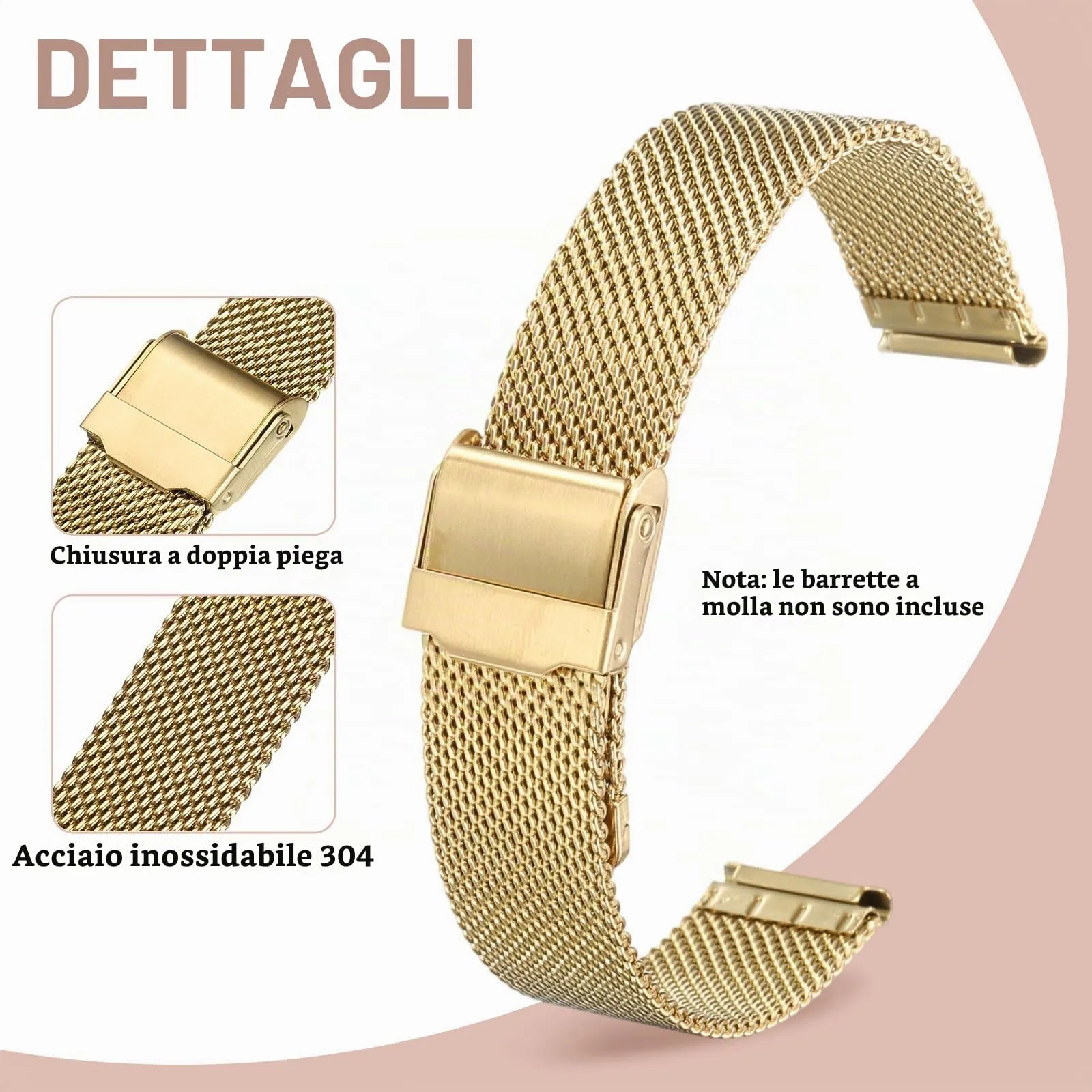 QUARKZMAN Cinturino Orologio in Maglia Acciaio Inossidabile 16mm Cinturini Orologio in Metallo Sgancio Rapido Regolabile Sostitutivo Smartwatch Uomo Donna, Oro - immagine 3