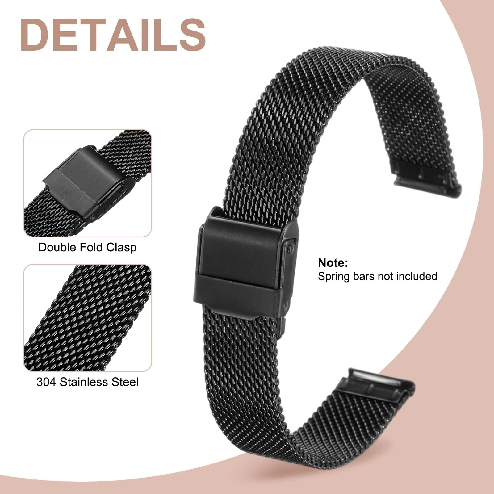 QUARKZMAN Cinturino Orologio in Maglia Acciaio Inossidabile 14mm Cinturini Orologio in Metallo Sgancio Rapido Regolabile Sostitutivo Smartwatch Uomo Donna, Nero - immagine 3