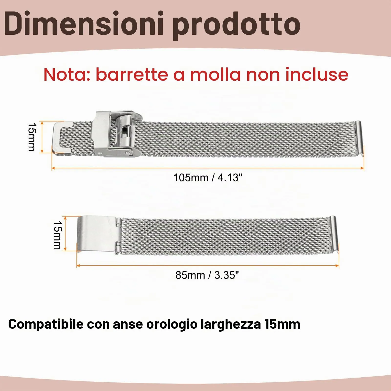 QUARKZMAN Cinturino Orologio in Maglia Acciaio Inossidabile 15mm Cinturini Orologio in Metallo Sgancio Rapido Regolabile Sostitutivo Smartwatch Uomo Donna, Argento - immagine 2