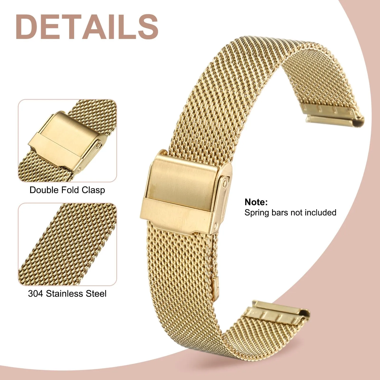 QUARKZMAN Cinturino Orologio in Maglia Acciaio Inossidabile 17mm Cinturini Orologio in Metallo Sgancio Rapido Regolabile Sostitutivo Smartwatch Uomo Donna, Oro - immagine 3