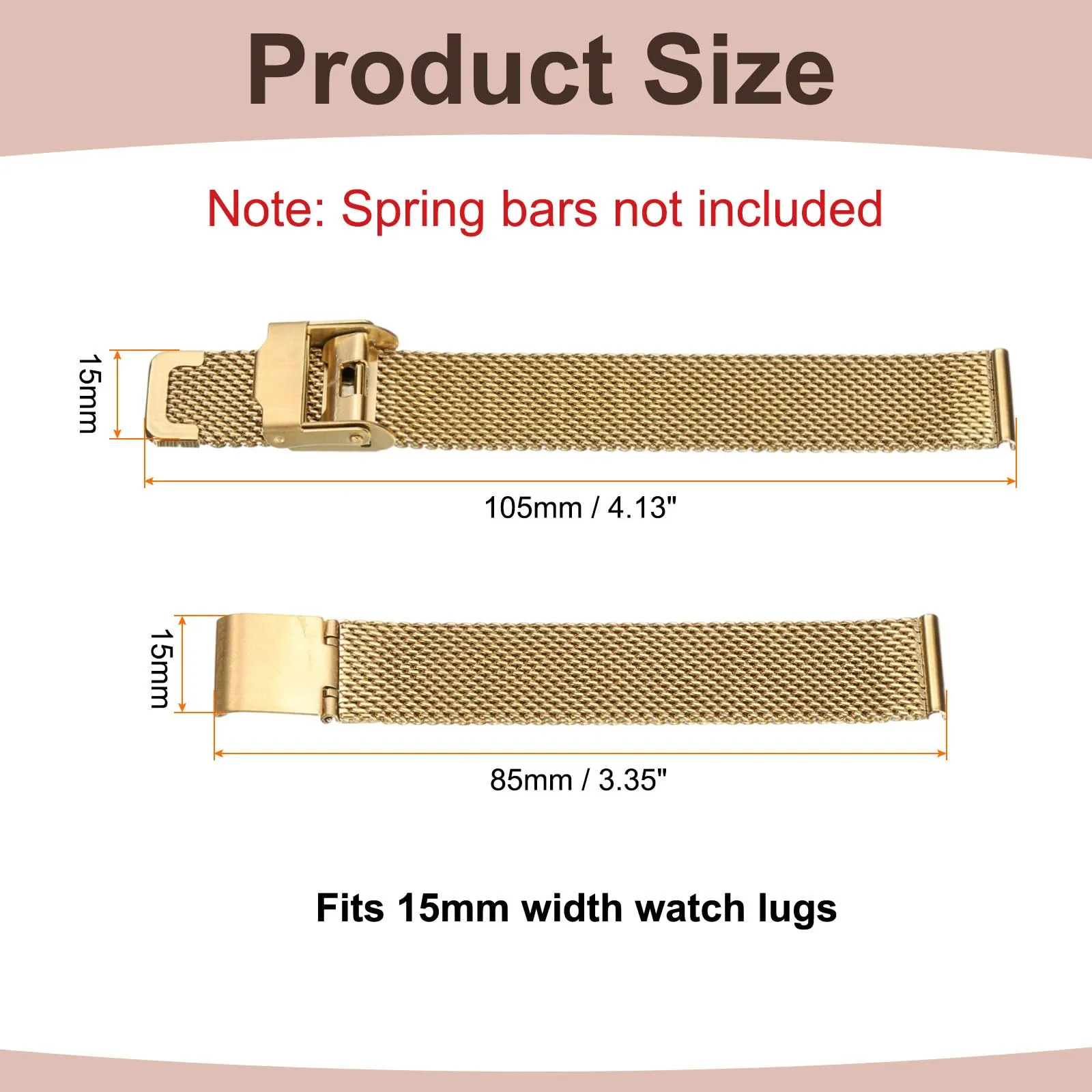 QUARKZMAN Cinturino Orologio in Maglia Acciaio Inossidabile 15mm Cinturini Orologio in Metallo Sgancio Rapido Regolabile Sostitutivo Smartwatch Uomo Donna, Oro - immagine 2