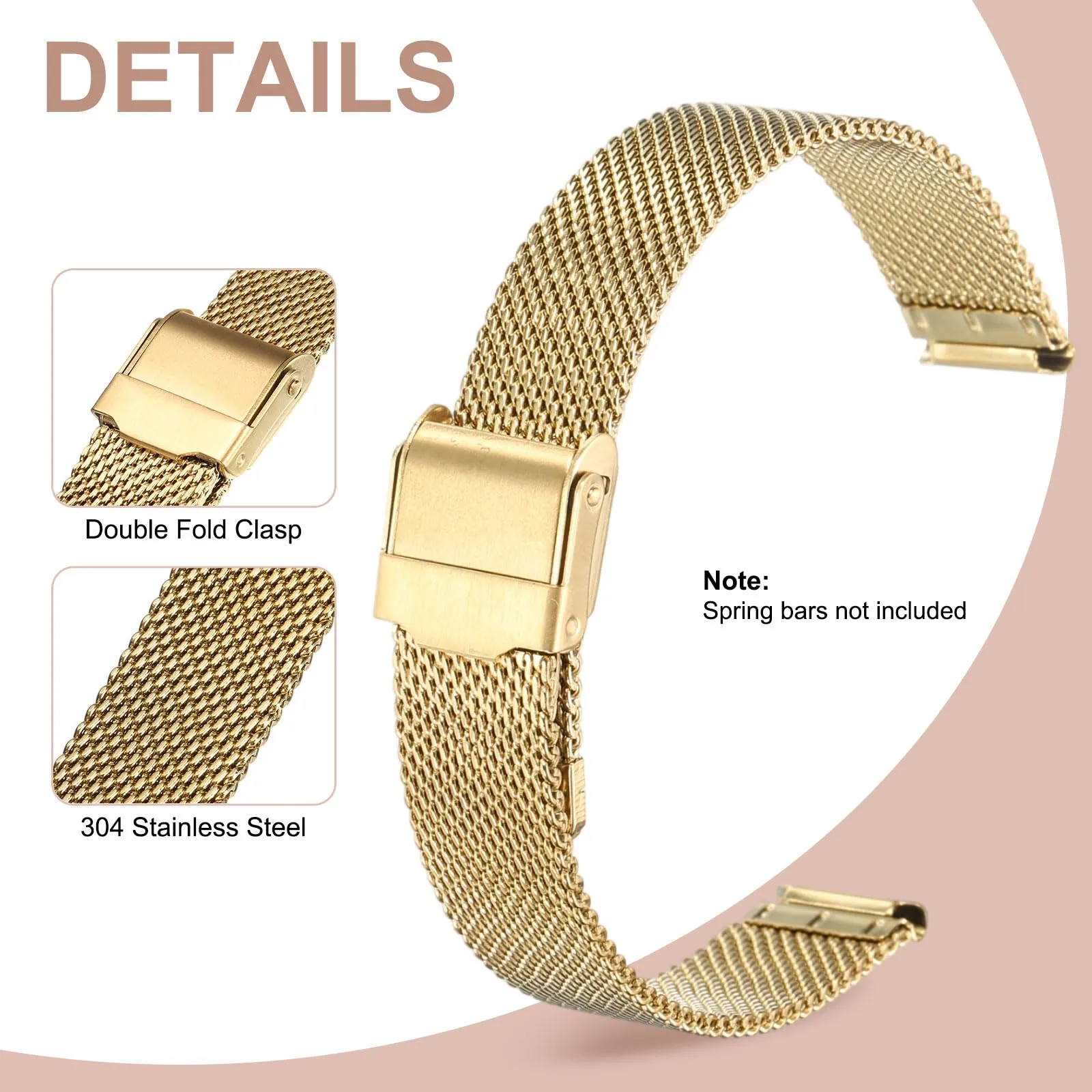 QUARKZMAN Cinturino Orologio in Maglia Acciaio Inossidabile 15mm Cinturini Orologio in Metallo Sgancio Rapido Regolabile Sostitutivo Smartwatch Uomo Donna, Oro - immagine 3