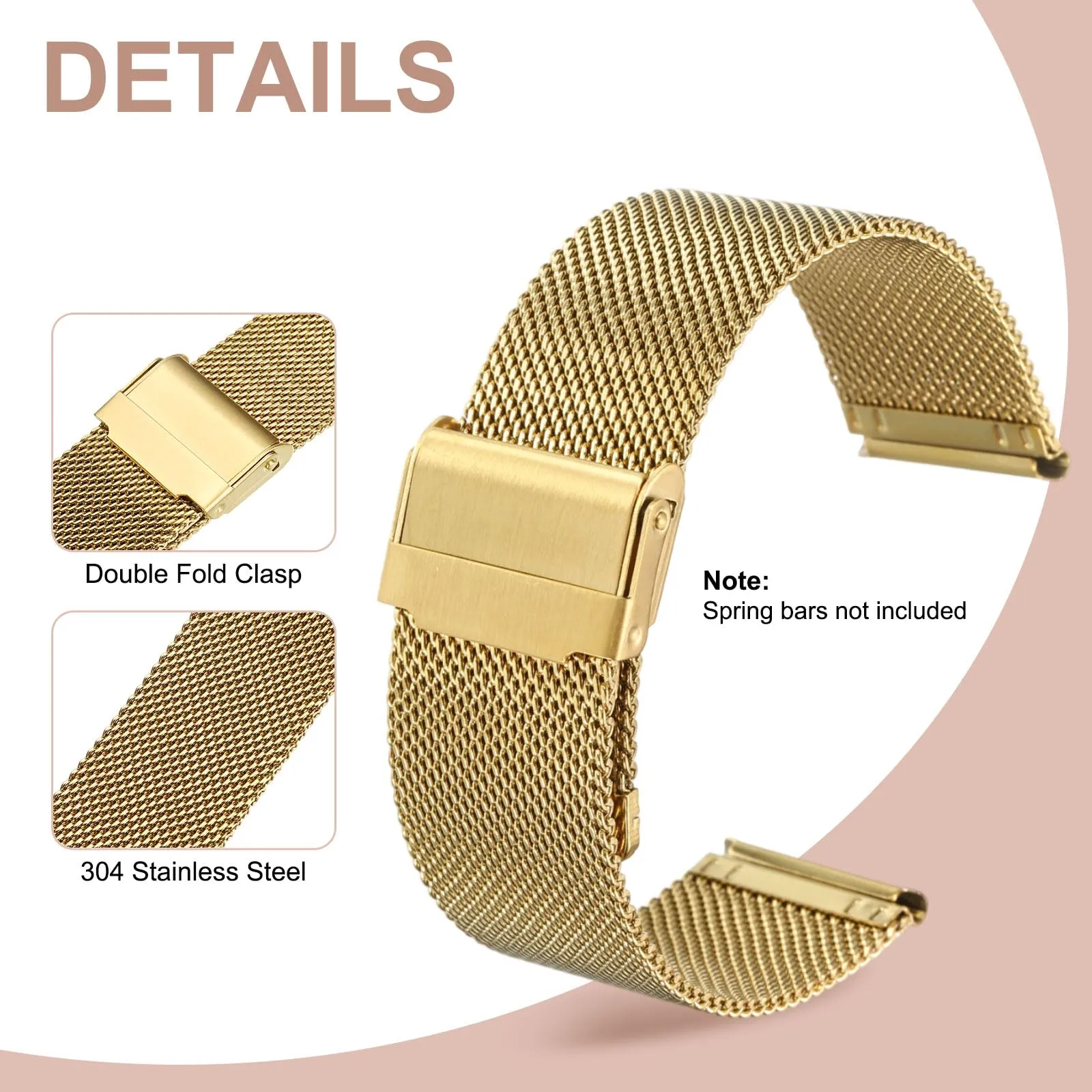 QUARKZMAN Cinturino Orologio in Maglia Acciaio Inossidabile 24mm Cinturini Orologio in Metallo Sgancio Rapido Regolabile Sostitutivo Smartwatch Uomo Donna, Oro - immagine 3