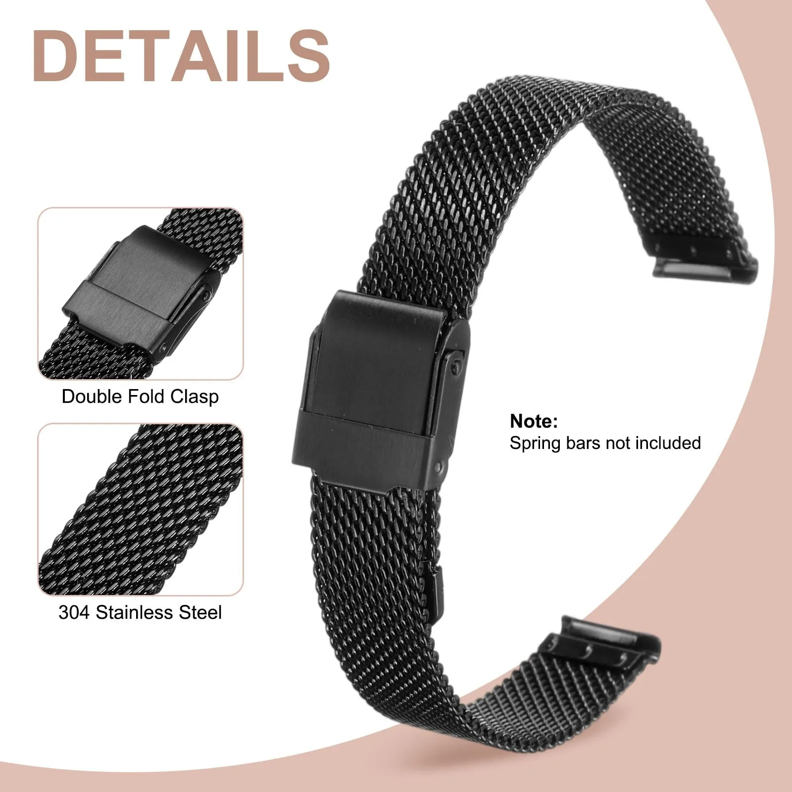 QUARKZMAN Cinturino Orologio in Maglia Acciaio Inossidabile 12mm Cinturini Orologio in Metallo Sgancio Rapido Regolabile Sostitutivo Smartwatch Uomo Donna, Nero - immagine 3