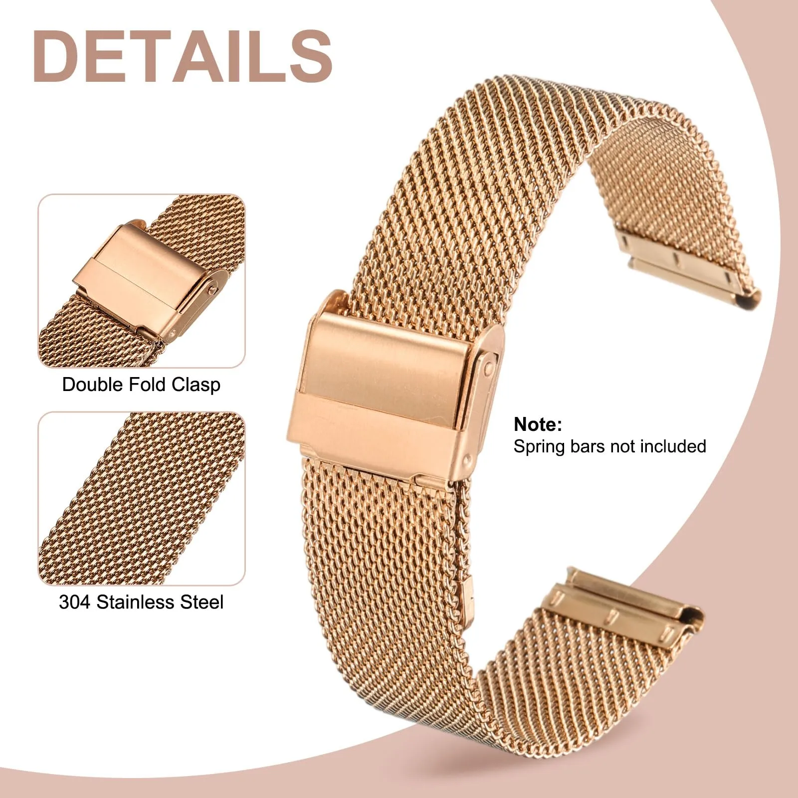 QUARKZMAN Cinturino Orologio in Maglia Acciaio Inossidabile 19mm Cinturini Orologio in Metallo Sgancio Rapido Regolabile Sostitutivo Smartwatch Per Donna, Oro Rosa - immagine 3