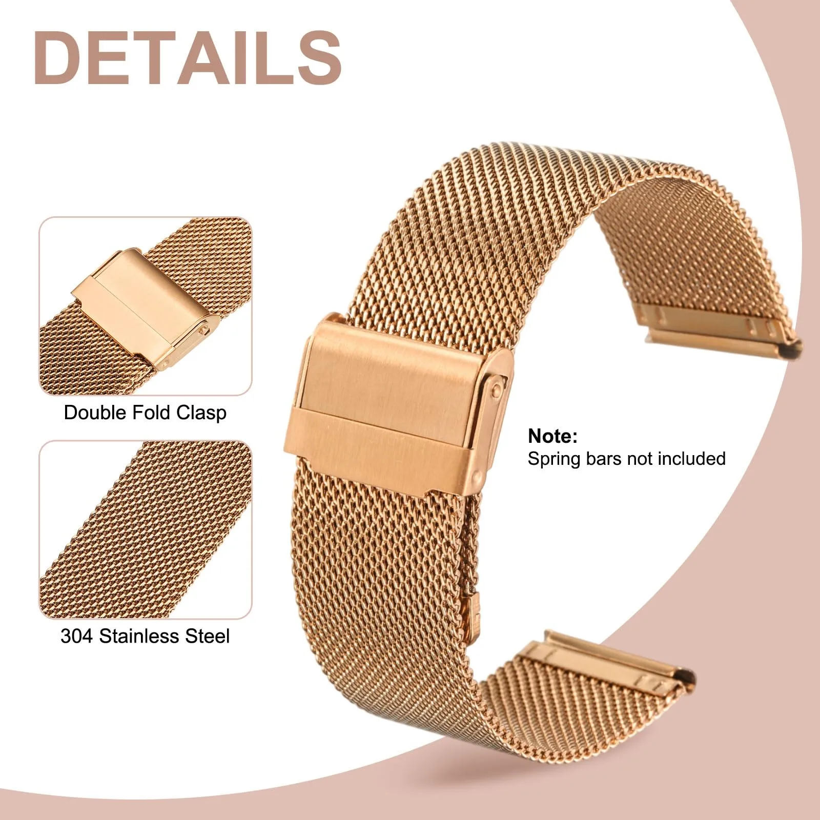 QUARKZMAN Cinturino Orologio in Maglia Acciaio Inossidabile 24mm Cinturini Orologio in Metallo Sgancio Rapido Regolabile Sostitutivo Smartwatch Per Donna, Oro Rosa - immagine 3