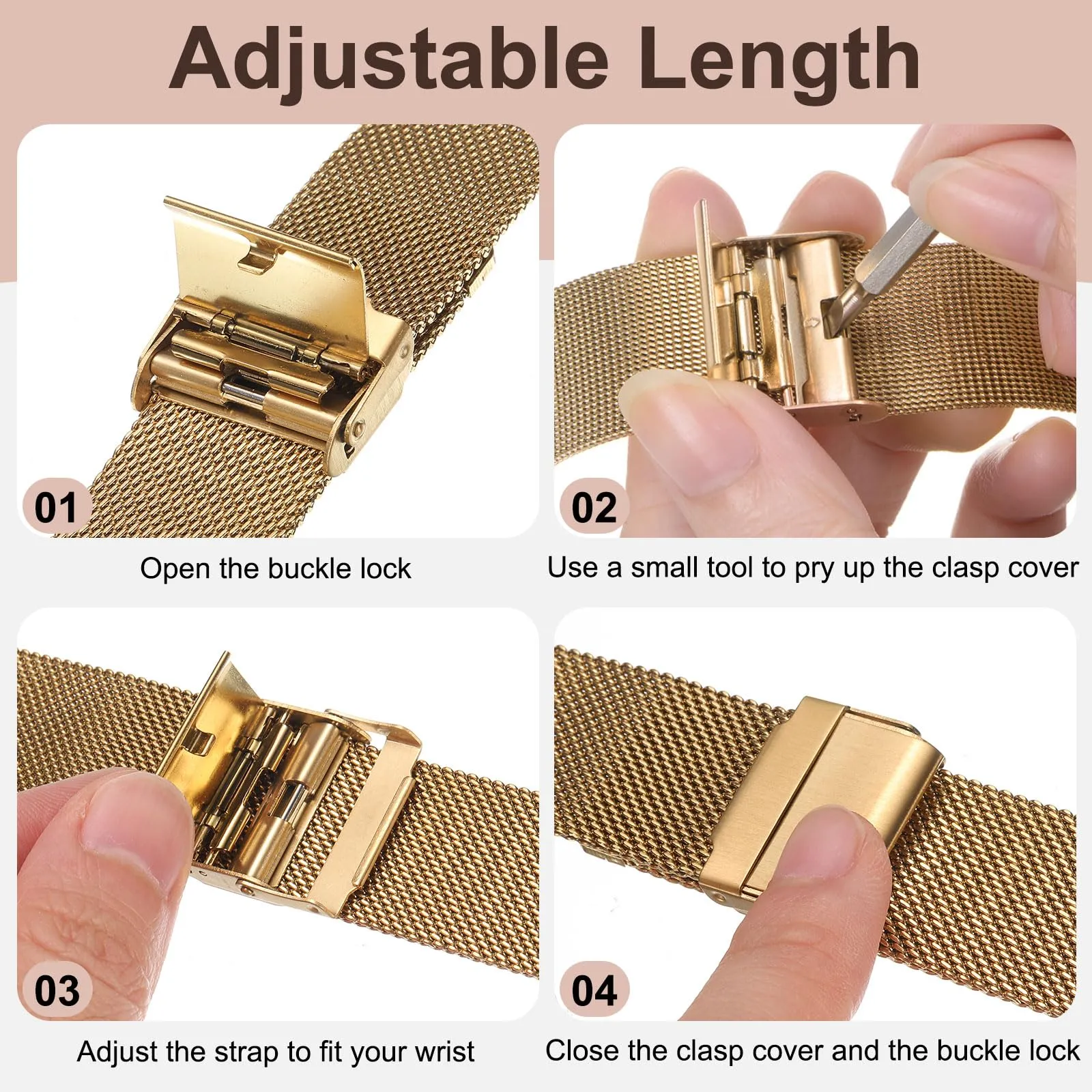 QUARKZMAN Cinturino Orologio in Maglia Acciaio Inossidabile 24mm Cinturini Orologio in Metallo Sgancio Rapido Regolabile Sostitutivo Smartwatch Per Donna, Oro Rosa - immagine 5