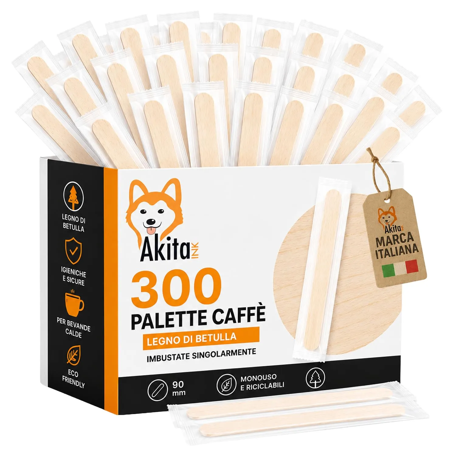 300 Palette caffè monouso confezionate singolarmente, palettine in legno biodegradabili, compostabili e resistenti al calore, per Girare Zucchero Bevande e Caffe nei Bicchierini (300 IMBUSTATE) - immagine 1