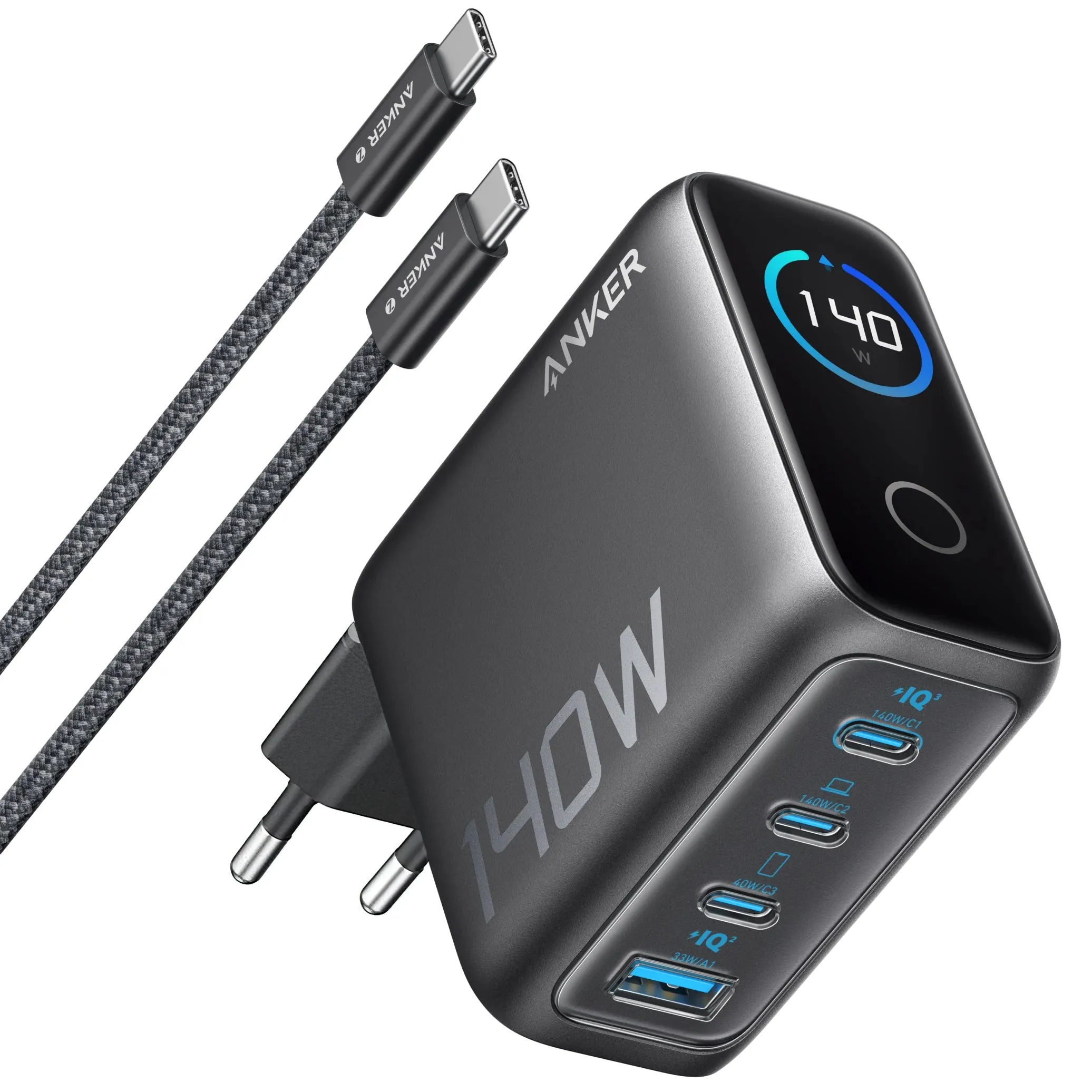 Caricabatterie da rete con cavo USB-C Anker Zolo, 140W, 5A, 1 x USB-A - 3 x USB-C, Nero B2697GZ1 - immagine 1