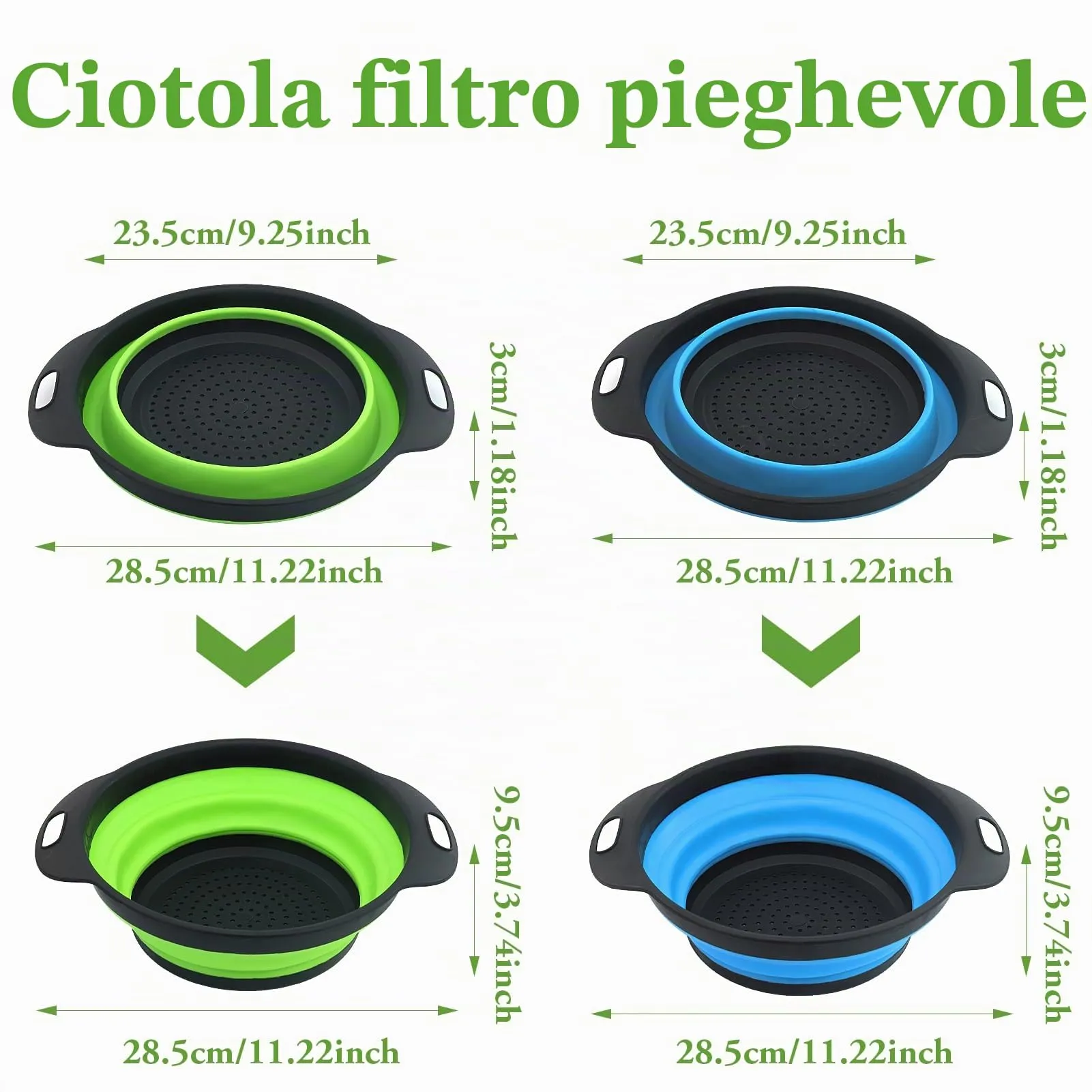 Set 2 Pezzi Grande Scolapasta in Silicone Pieghevole, Blu e Verde, Cucina Pieghevole sopra Il Lavandino del Silicone Colander/Setacci, Lavabili in Lavastoviglie(28.5CM) - immagine 2