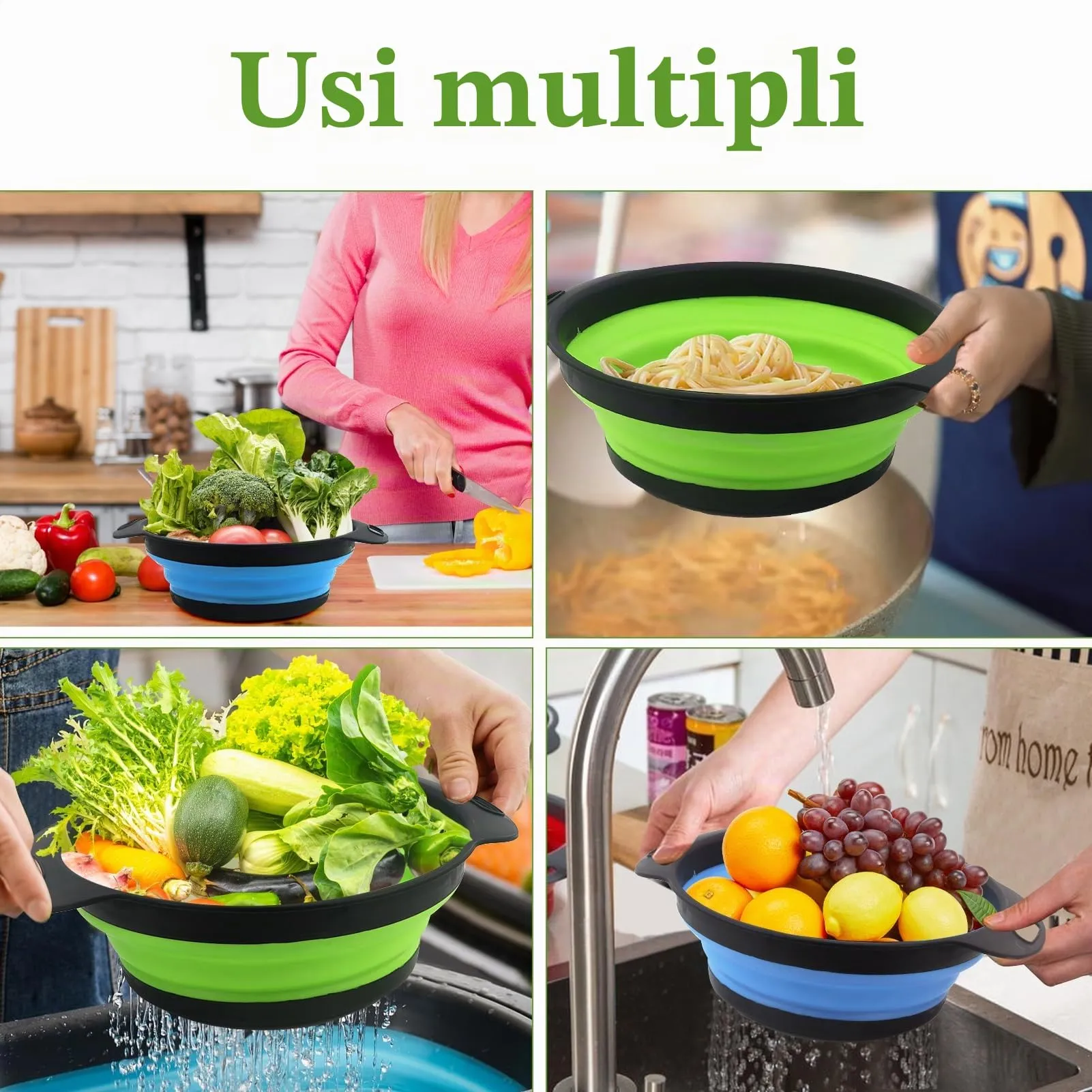 Set 2 Pezzi Grande Scolapasta in Silicone Pieghevole, Blu e Verde, Cucina Pieghevole sopra Il Lavandino del Silicone Colander/Setacci, Lavabili in Lavastoviglie(28.5CM) - immagine 4