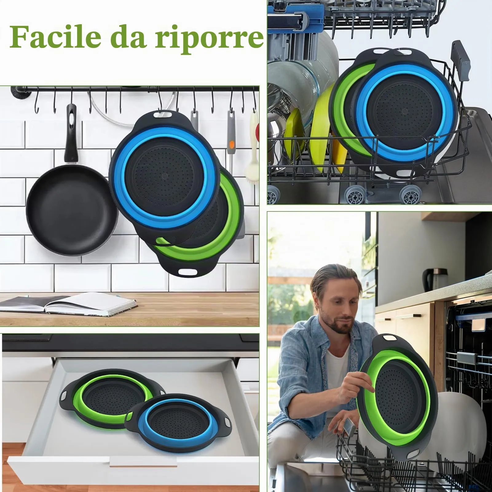 Set 2 Pezzi Grande Scolapasta in Silicone Pieghevole, Blu e Verde, Cucina Pieghevole sopra Il Lavandino del Silicone Colander/Setacci, Lavabili in Lavastoviglie(28.5CM) - immagine 5