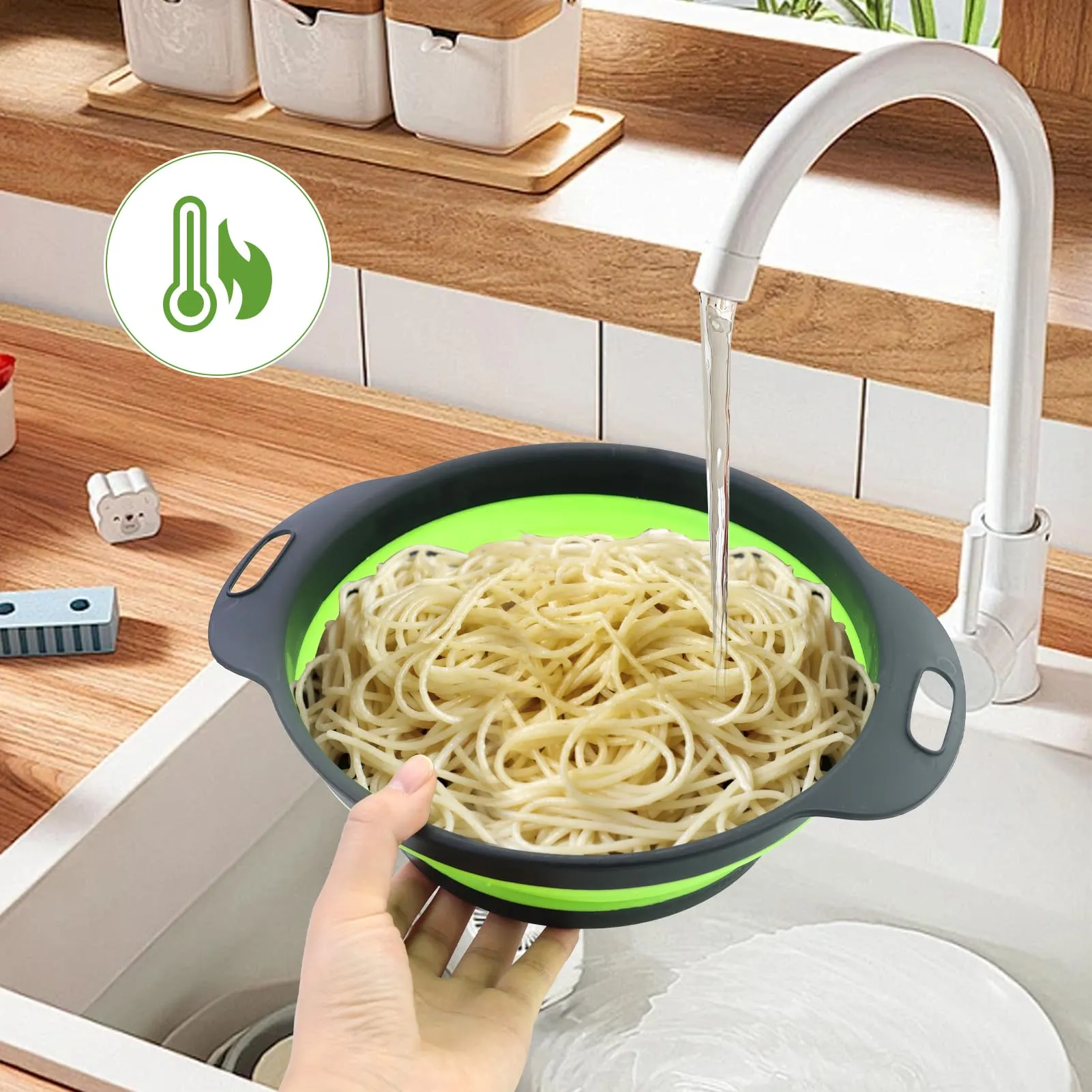 Set 2 Pezzi Grande Scolapasta in Silicone Pieghevole, Blu e Verde, Cucina Pieghevole sopra Il Lavandino del Silicone Colander/Setacci, Lavabili in Lavastoviglie(28.5CM) - immagine 6