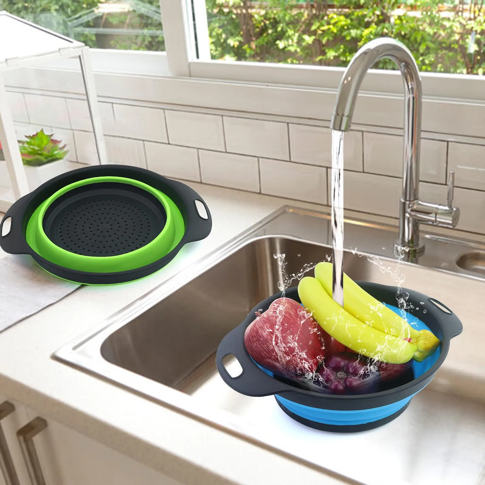 Set 2 Pezzi Grande Scolapasta in Silicone Pieghevole, Blu e Verde, Cucina Pieghevole sopra Il Lavandino del Silicone Colander/Setacci, Lavabili in Lavastoviglie(28.5CM) - immagine 7