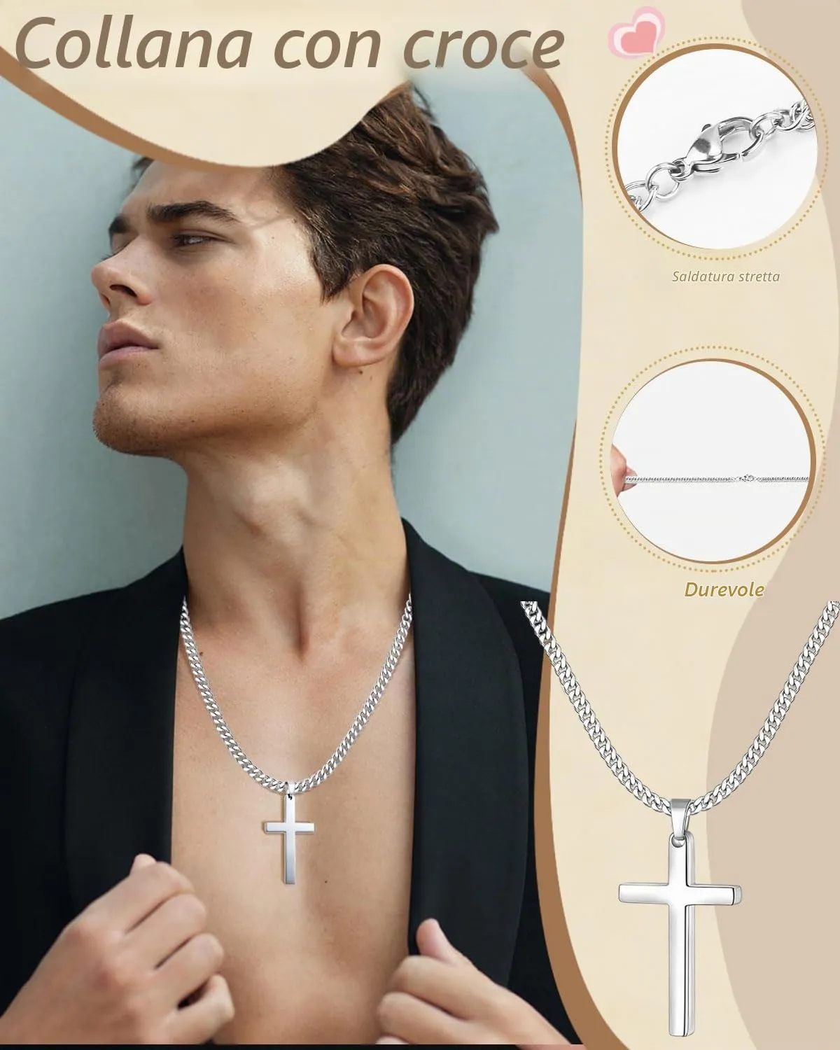 SCJJZ Collana Croce, Crocifisso Collana Acciaio Inox, Croce Collane Girocollo per Uomo Donna, Collanina Cattolico Pendente per Regali di Pasqua Il Giorno del Ringraziamento, Con borsa portaoggetti - immagine 3