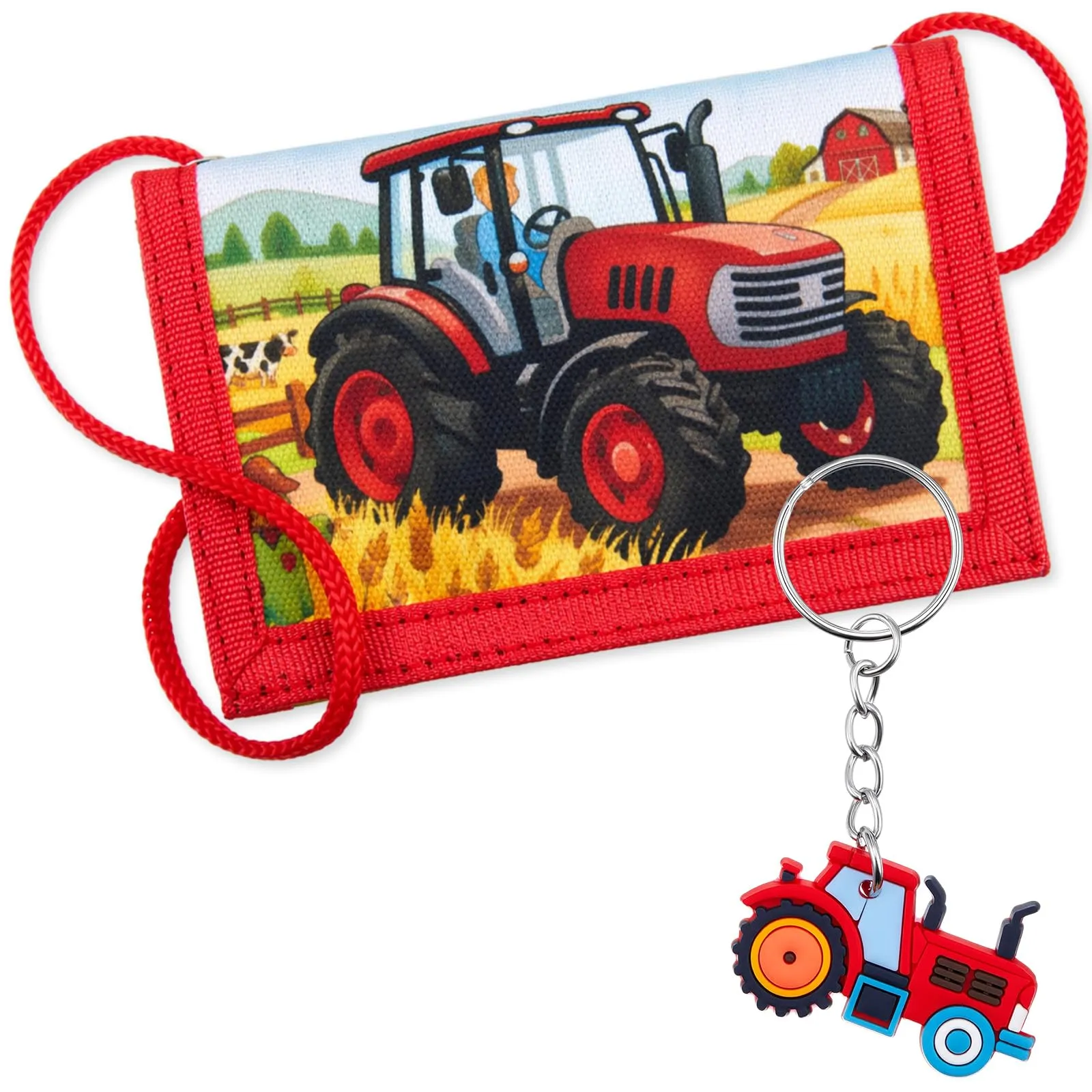 Hestya Portafoglio per Bambini e Ragazzi Portafoglio da Collo a Tre Scomparti con Diverse Fantasie Portamonete da Viaggio con Cordino e Portachiavi Regalo di Compleanno (Trattore Agricolo) - immagine 1