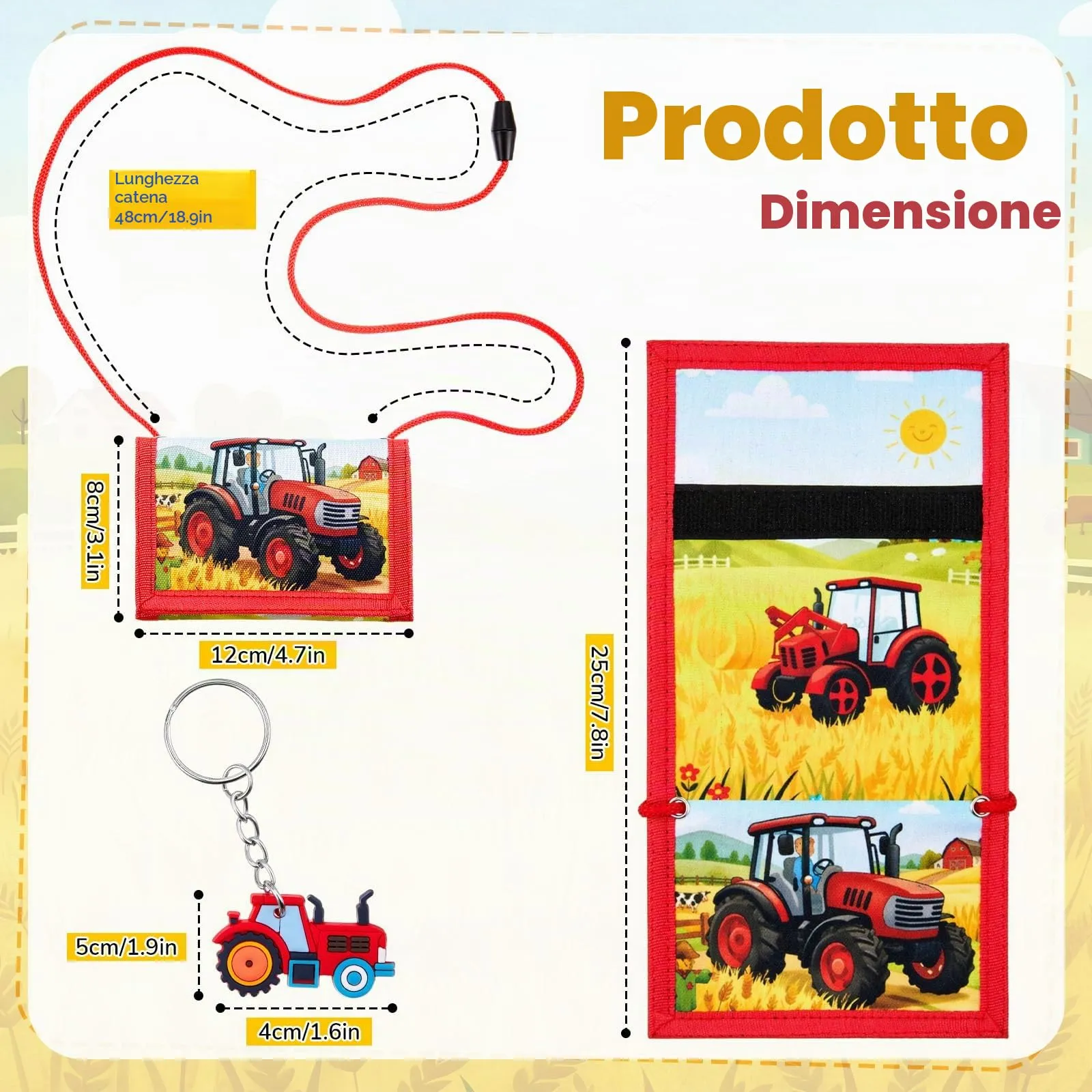 Hestya Portafoglio per Bambini e Ragazzi Portafoglio da Collo a Tre Scomparti con Diverse Fantasie Portamonete da Viaggio con Cordino e Portachiavi Regalo di Compleanno (Trattore Agricolo) - immagine 2