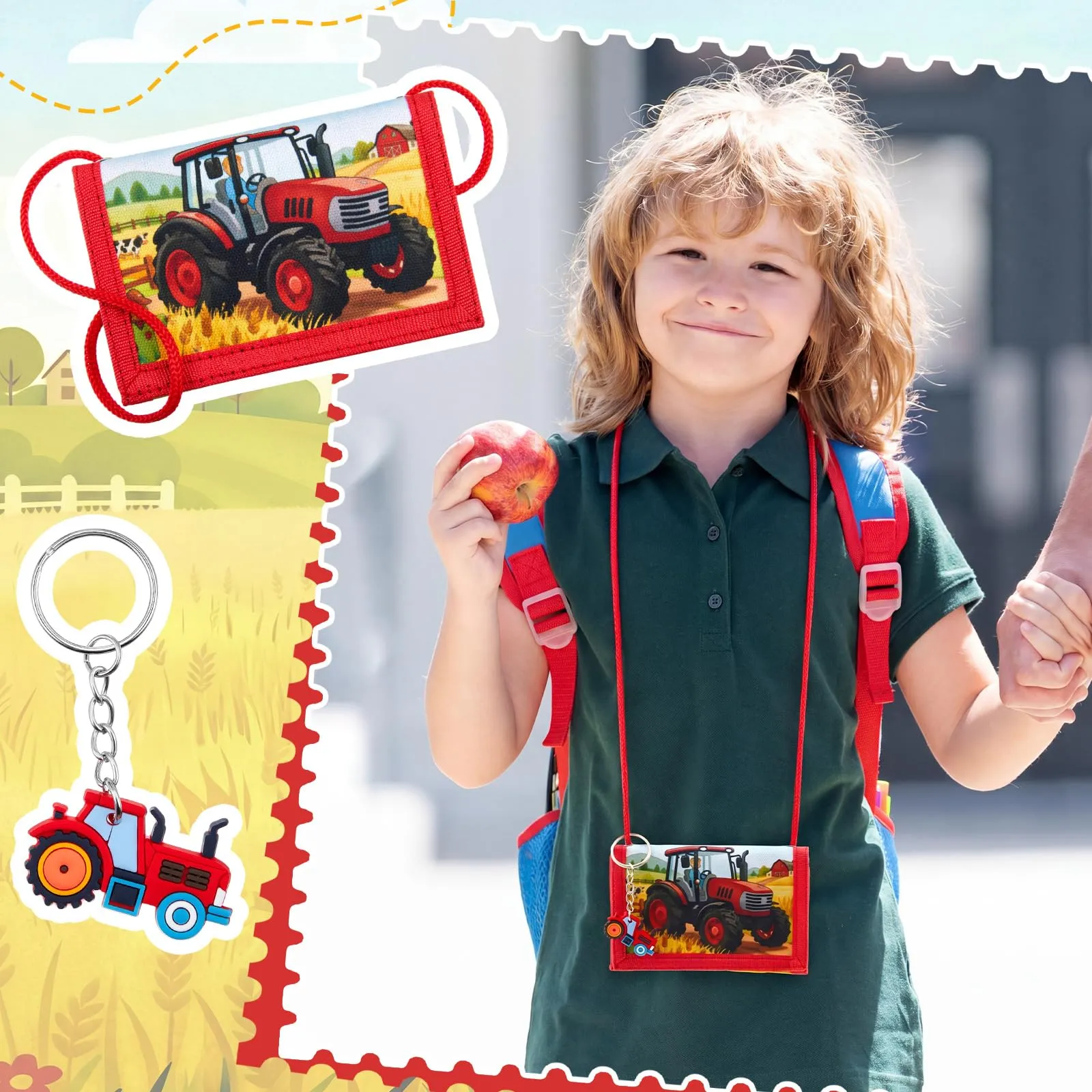 Hestya Portafoglio per Bambini e Ragazzi Portafoglio da Collo a Tre Scomparti con Diverse Fantasie Portamonete da Viaggio con Cordino e Portachiavi Regalo di Compleanno (Trattore Agricolo) - immagine 4