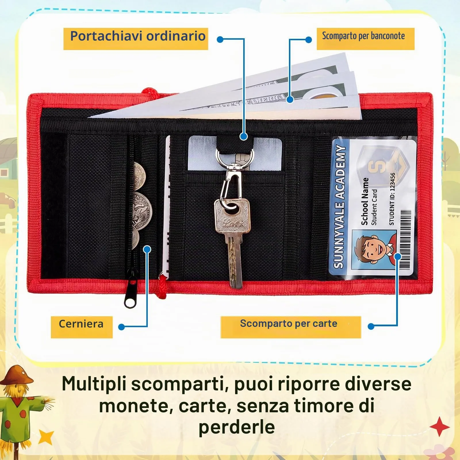 Hestya Portafoglio per Bambini e Ragazzi Portafoglio da Collo a Tre Scomparti con Diverse Fantasie Portamonete da Viaggio con Cordino e Portachiavi Regalo di Compleanno (Trattore Agricolo) - immagine 5