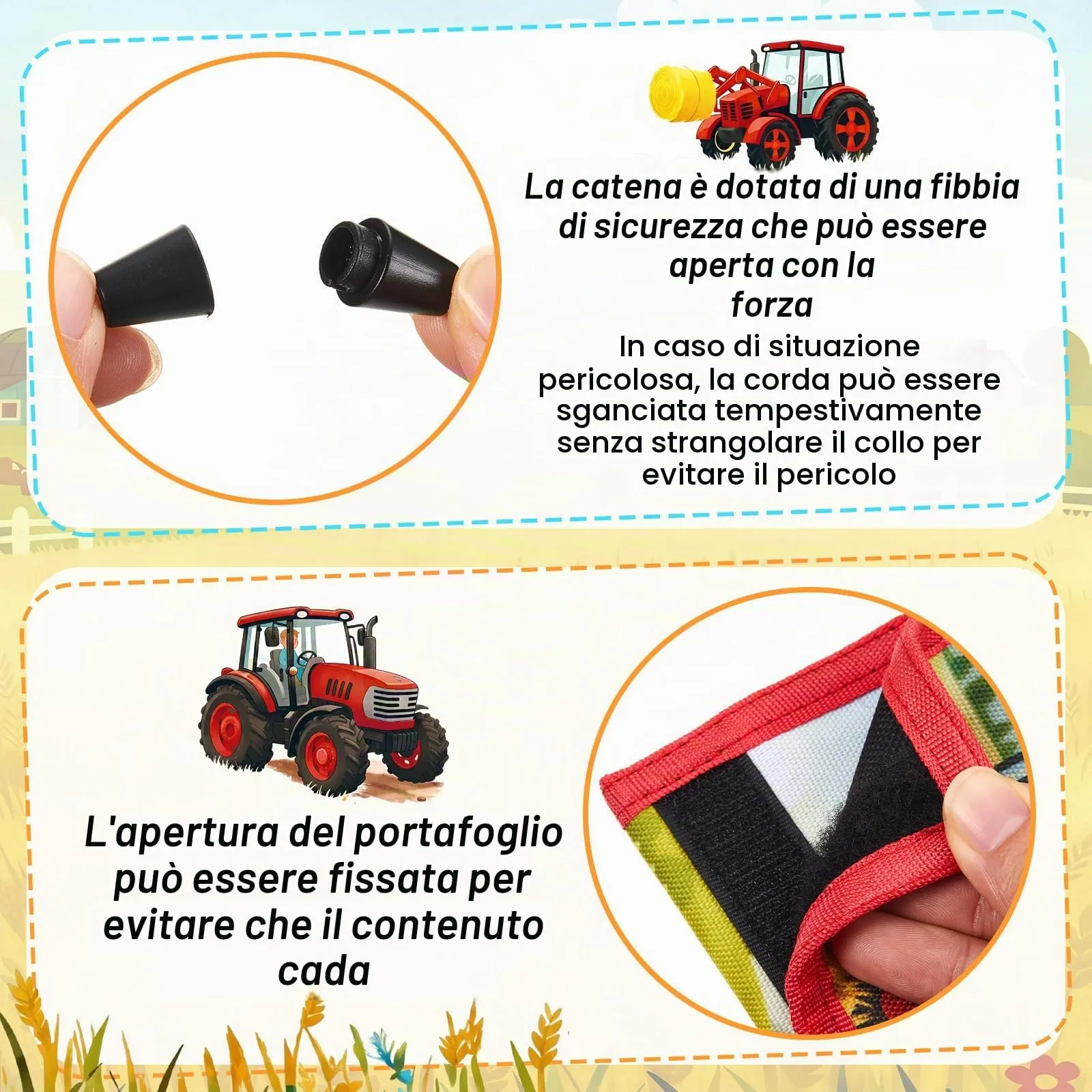 Hestya Portafoglio per Bambini e Ragazzi Portafoglio da Collo a Tre Scomparti con Diverse Fantasie Portamonete da Viaggio con Cordino e Portachiavi Regalo di Compleanno (Trattore Agricolo) - immagine 6
