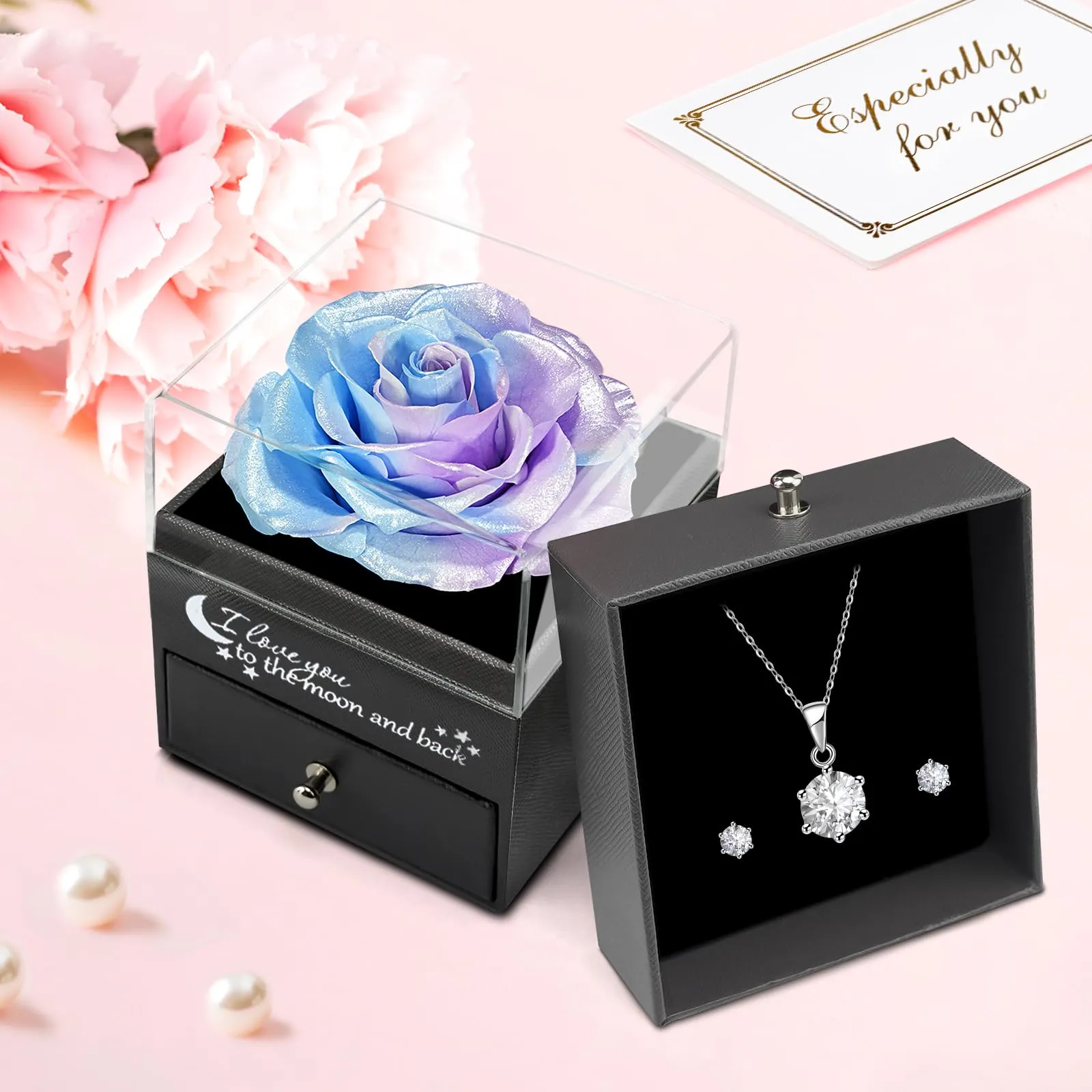 Miofula Rosa Stabilizzata Regalo Donna Compleanno,Rosa Eterna con Collana Orecchini Donna Argento,Rose Stabilizzate Regali Mamma Nonna,Fiori Scatola Regalo Fidanzata Natale San Valentino Anniversario - immagine 4
