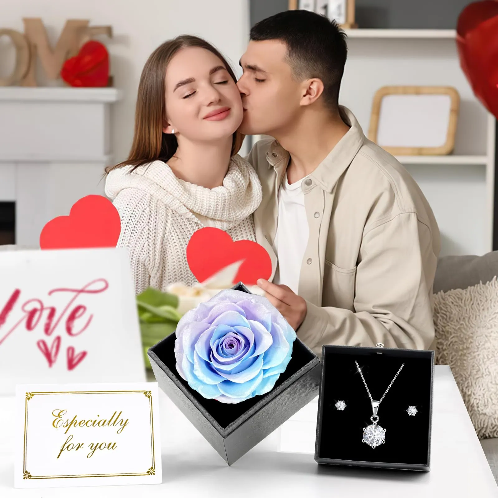 Miofula Rosa Stabilizzata Regalo Donna Compleanno,Rosa Eterna con Collana Orecchini Donna Argento,Rose Stabilizzate Regali Mamma Nonna,Fiori Scatola Regalo Fidanzata Natale San Valentino Anniversario - immagine 5