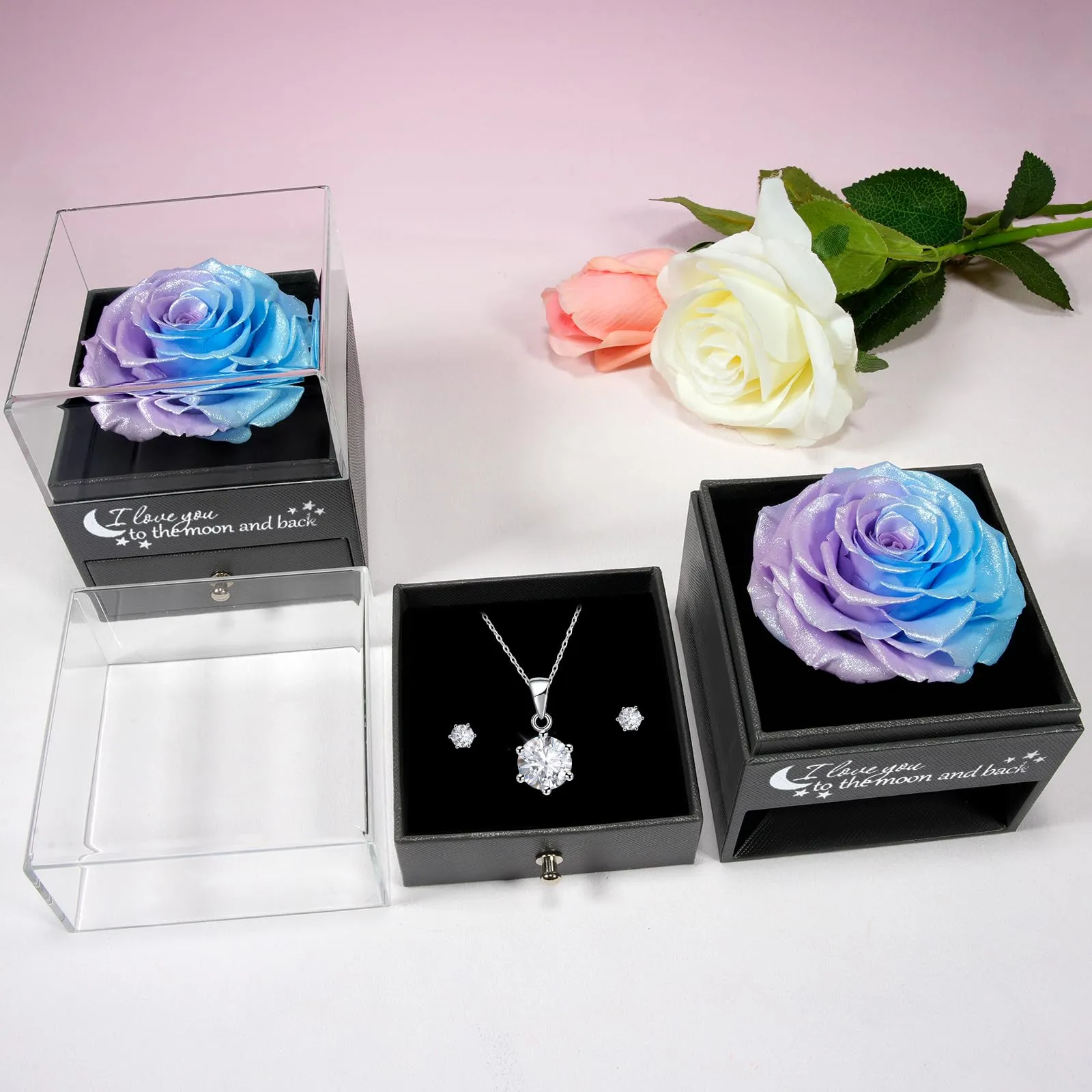 Miofula Rosa Stabilizzata Regalo Donna Compleanno,Rosa Eterna con Collana Orecchini Donna Argento,Rose Stabilizzate Regali Mamma Nonna,Fiori Scatola Regalo Fidanzata Natale San Valentino Anniversario - immagine 6