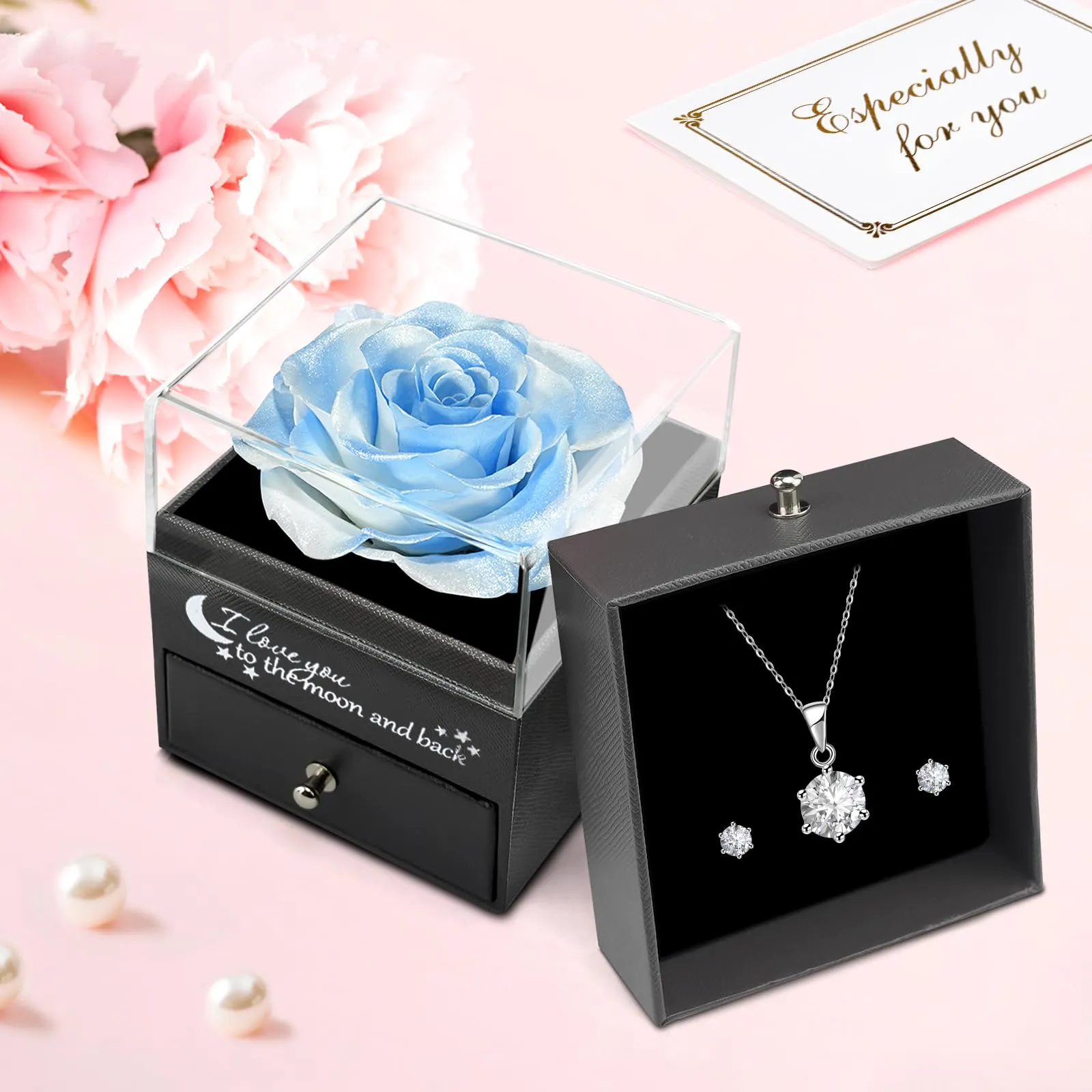 Miofula Rosa Stabilizzata Regalo Donna Compleanno,Rosa Eterna con Collana Orecchini Donna Argento,Rose Stabilizzate Regali Mamma Nonna,Fiori Scatola Regalo Fidanzata Natale San Valentino Anniversario - immagine 4