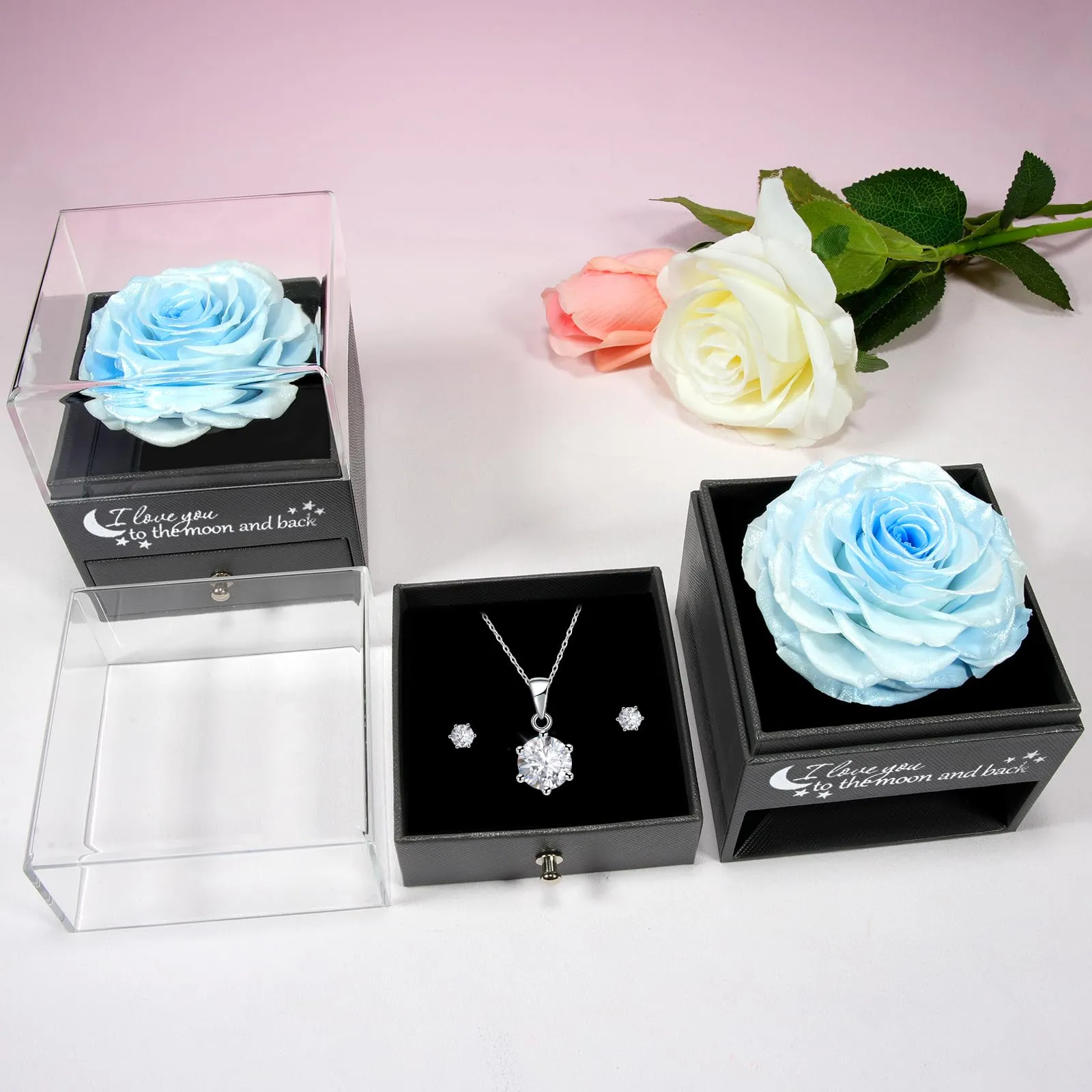 Miofula Rosa Stabilizzata Regalo Donna Compleanno,Rosa Eterna con Collana Orecchini Donna Argento,Rose Stabilizzate Regali Mamma Nonna,Fiori Scatola Regalo Fidanzata Natale San Valentino Anniversario - immagine 6