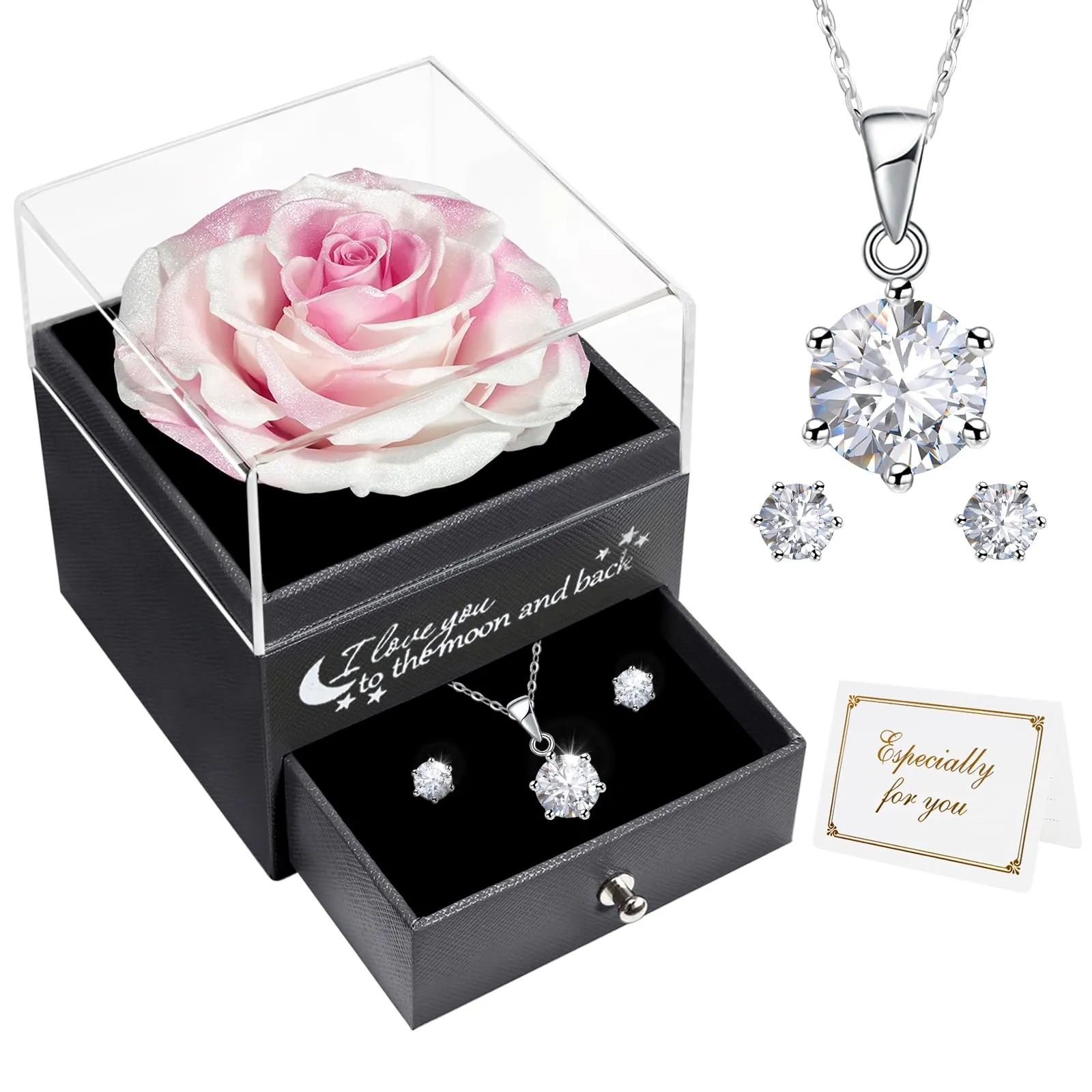 Miofula Rosa Stabilizzata Regalo Donna Compleanno,Rosa Eterna con Collana Orecchini Donna Argento,Rose Stabilizzate Regali Mamma Nonna,Fiori Scatola Regalo Fidanzata Natale San Valentino Anniversario - immagine 1