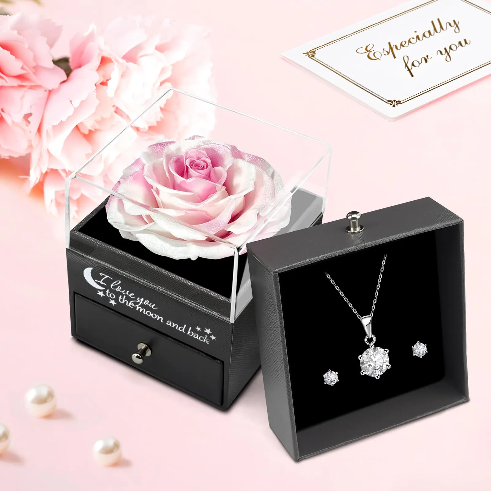 Miofula Rosa Stabilizzata Regalo Donna Compleanno,Rosa Eterna con Collana Orecchini Donna Argento,Rose Stabilizzate Regali Mamma Nonna,Fiori Scatola Regalo Fidanzata Natale San Valentino Anniversario - immagine 4